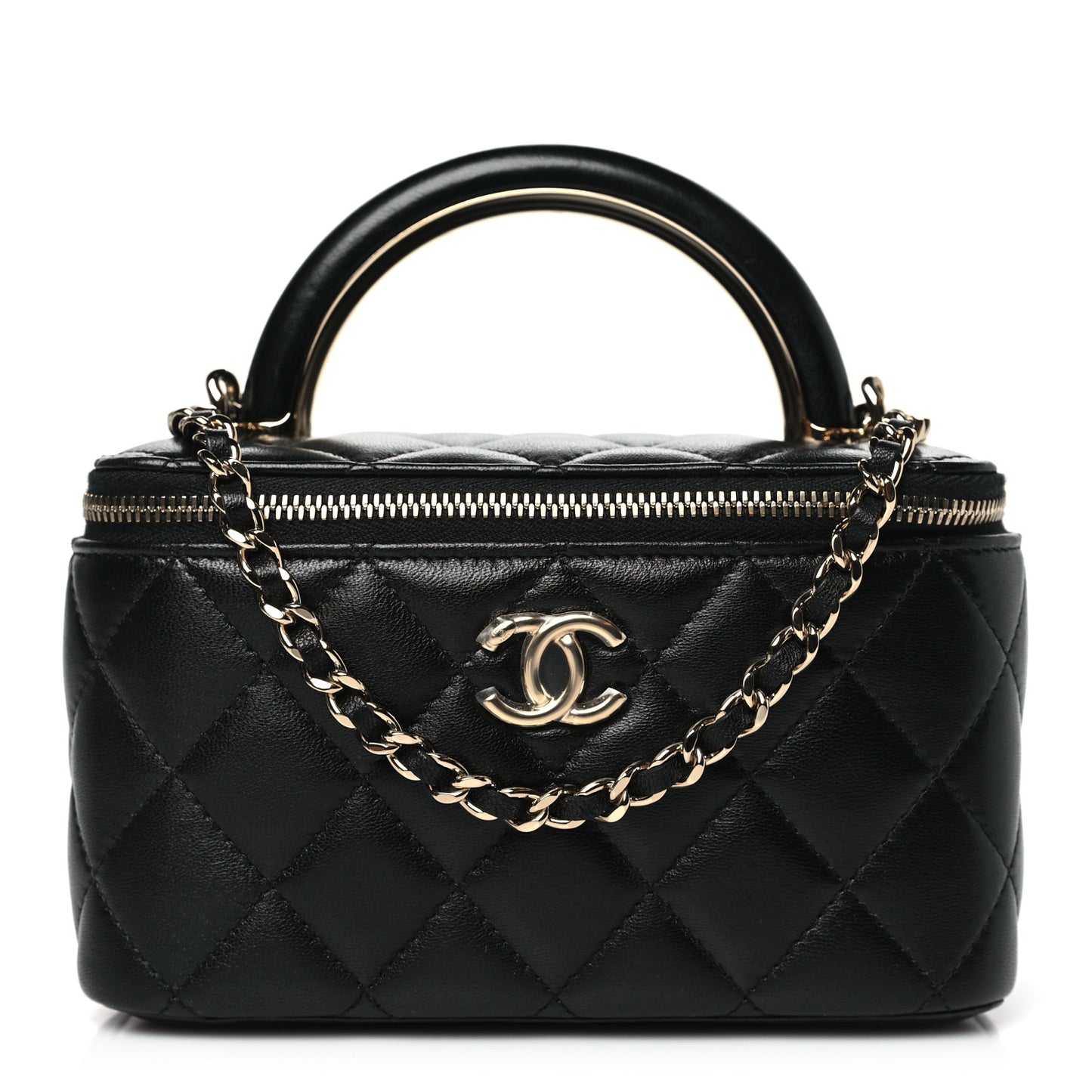 Lambskin Quilted Small Charming Top Handle Vanity Case With Chain Black