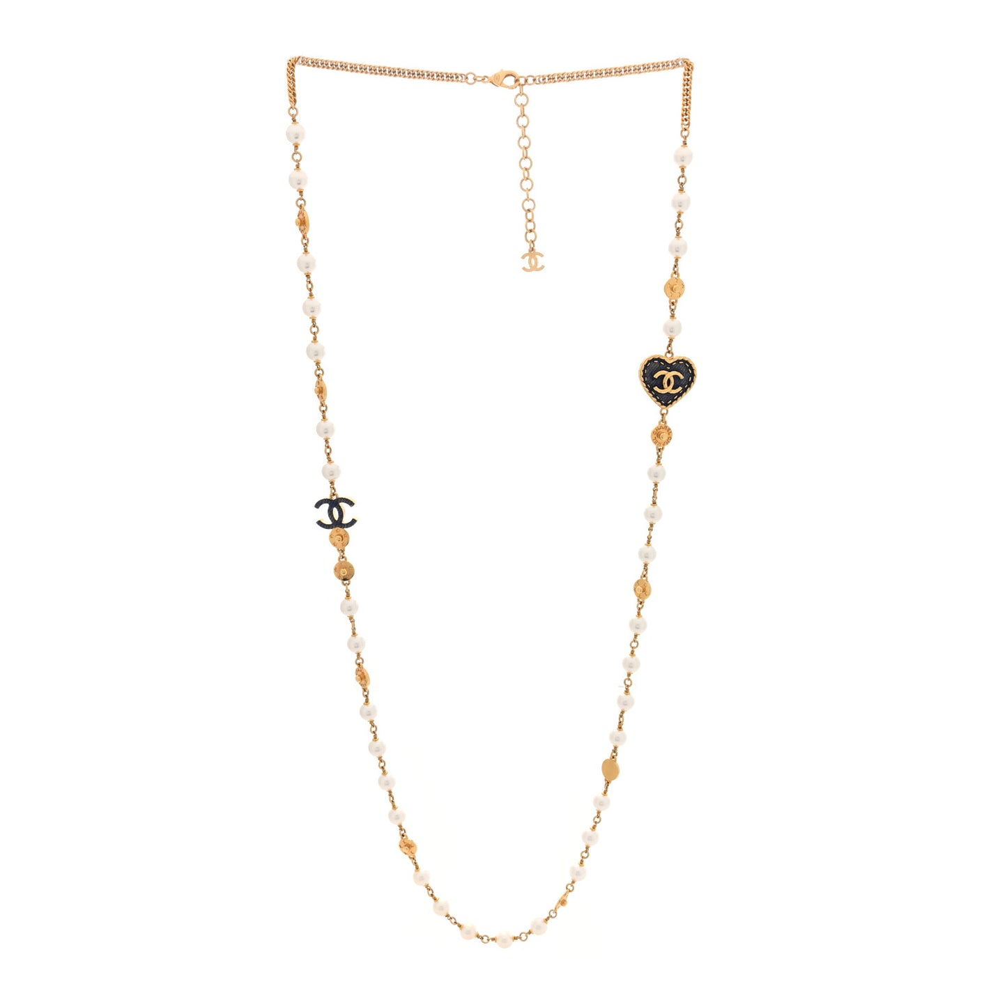 Metal Enamel CC Denim Heart Long Necklace Gold Black White