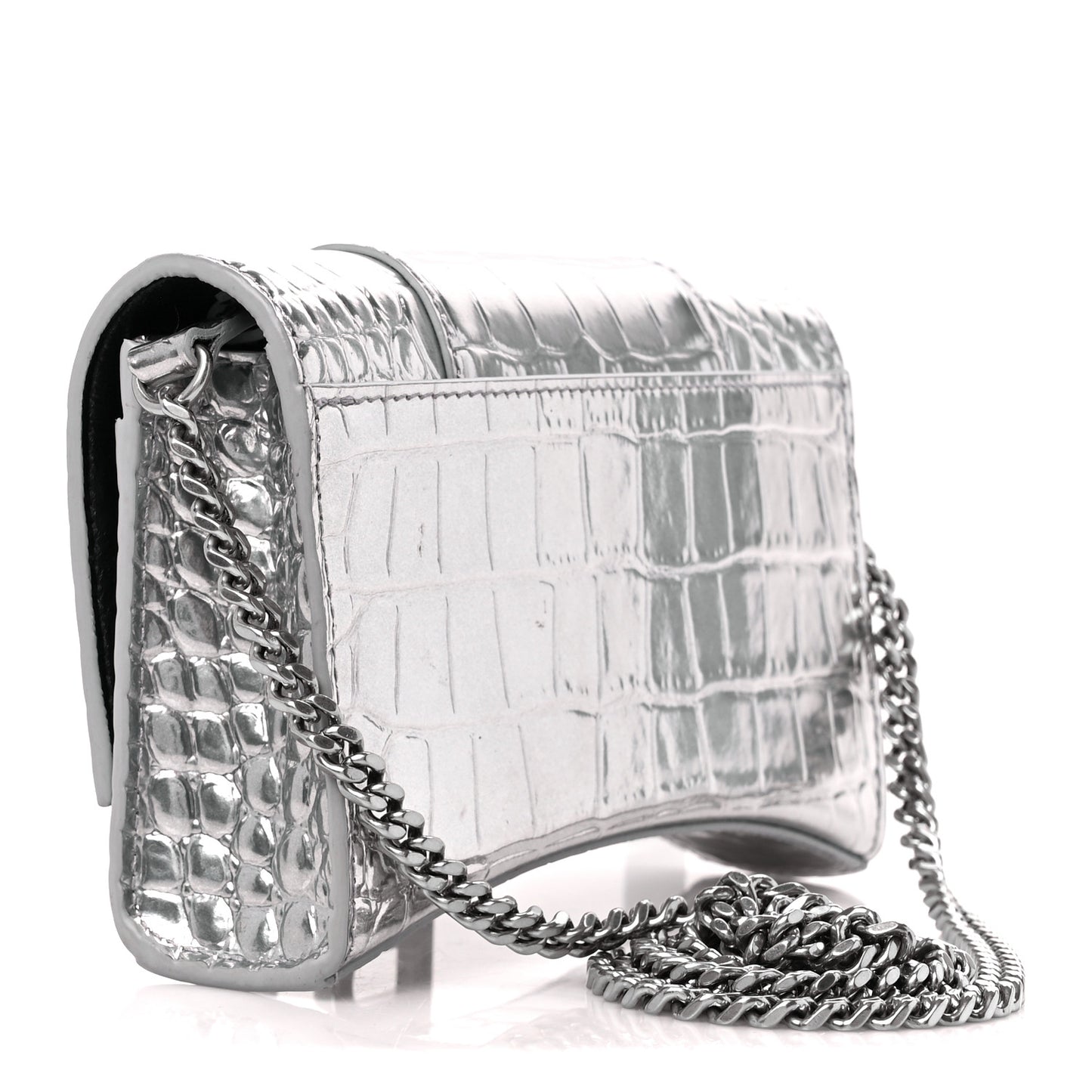 Metallic Calfskin Crocodile Embossed Hourglass Chain Bag Silver