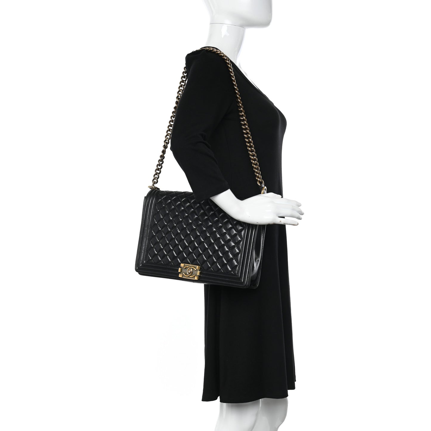 Glazed Calfskin Quilted Large Boy Flap Black