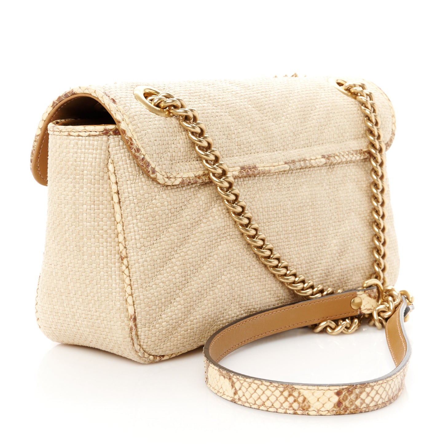 Raffia Elaphe Matelasse Small GG Marmont Shoulder Bag Natural Cream Brown