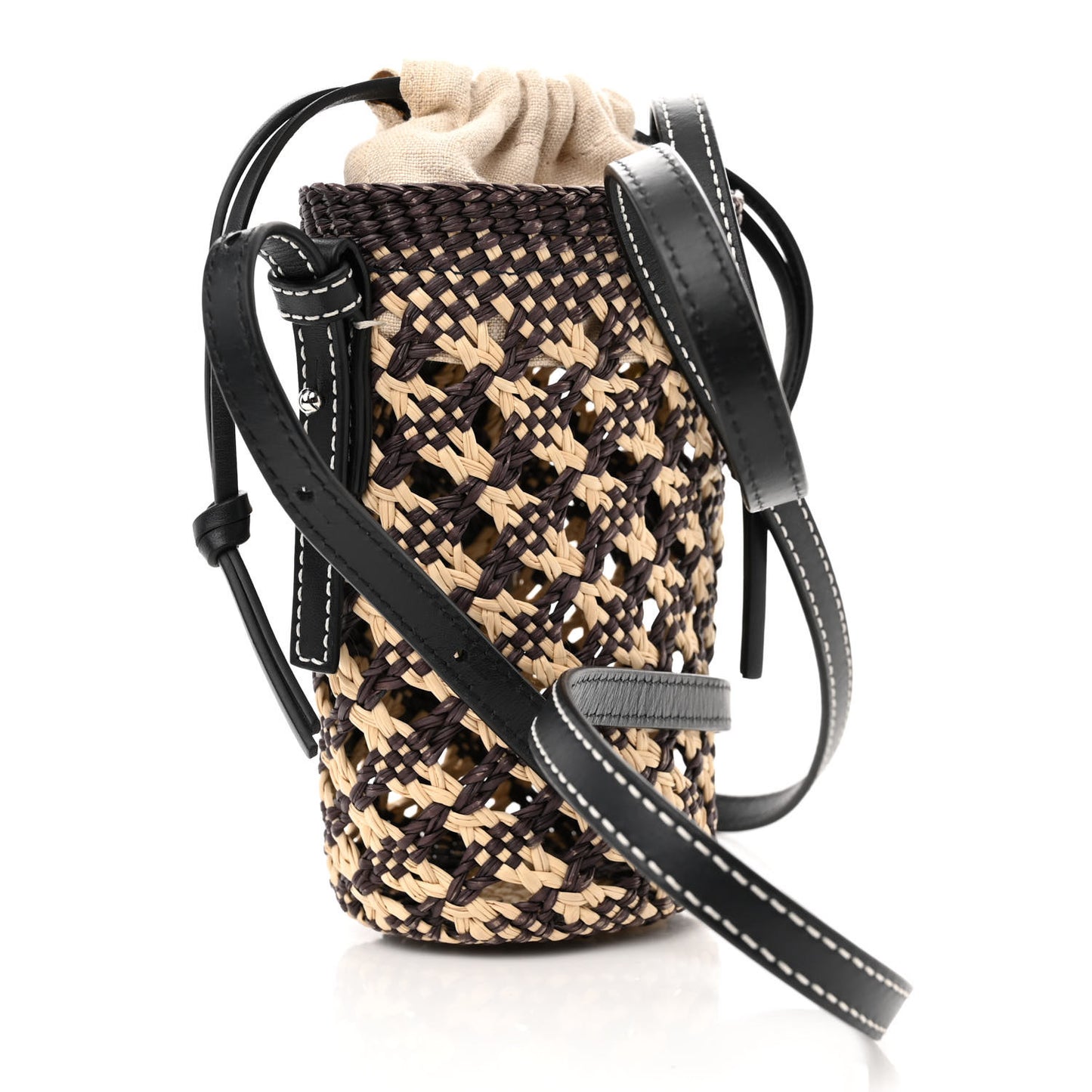 Calfskin Raffia Paula's Ibiza Pocket Bucket Bag Natural Navy Blue