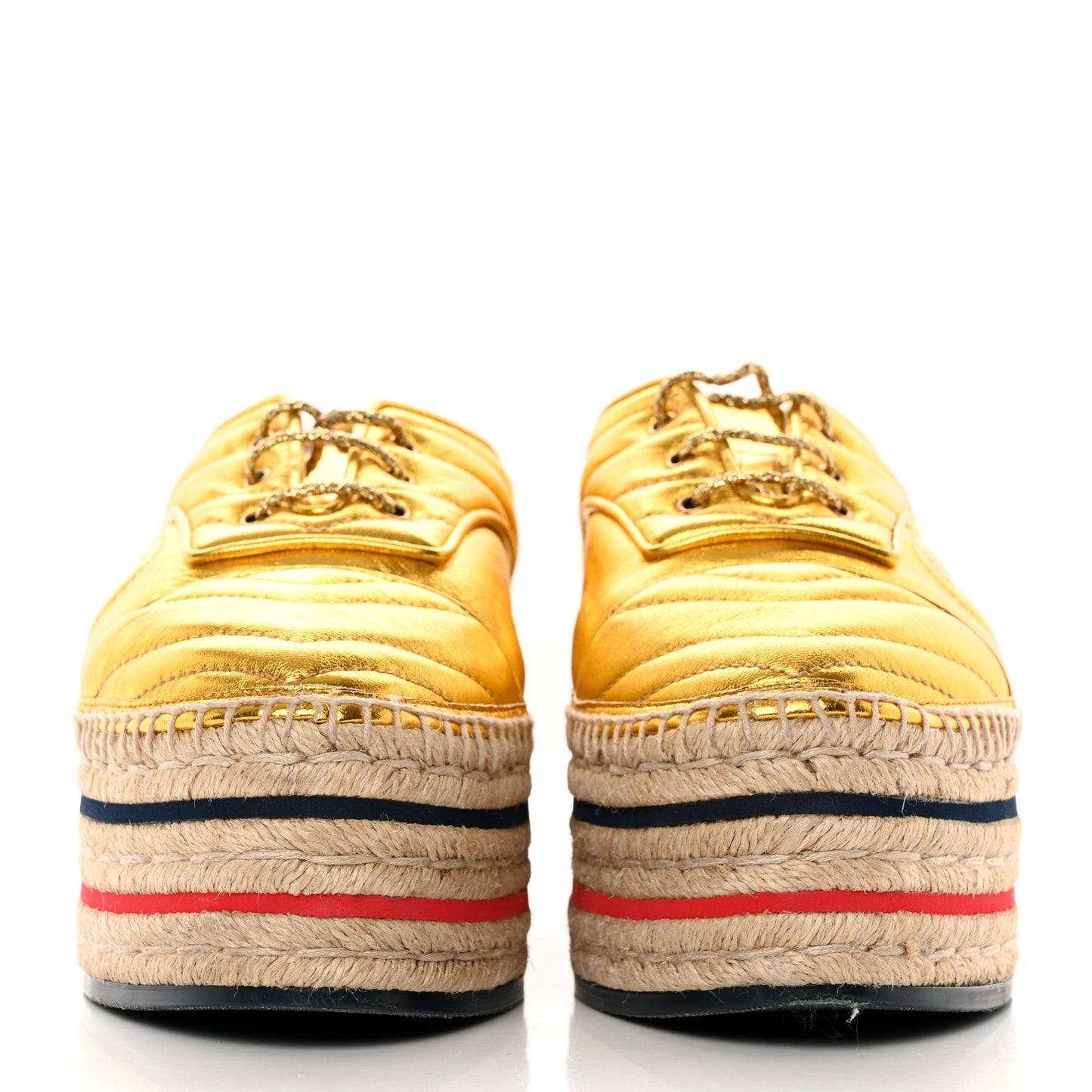 Metallic Nappa Matelasse GG Pilar Flatform Lace-Up Espadrilles 39 Oro Vecchio