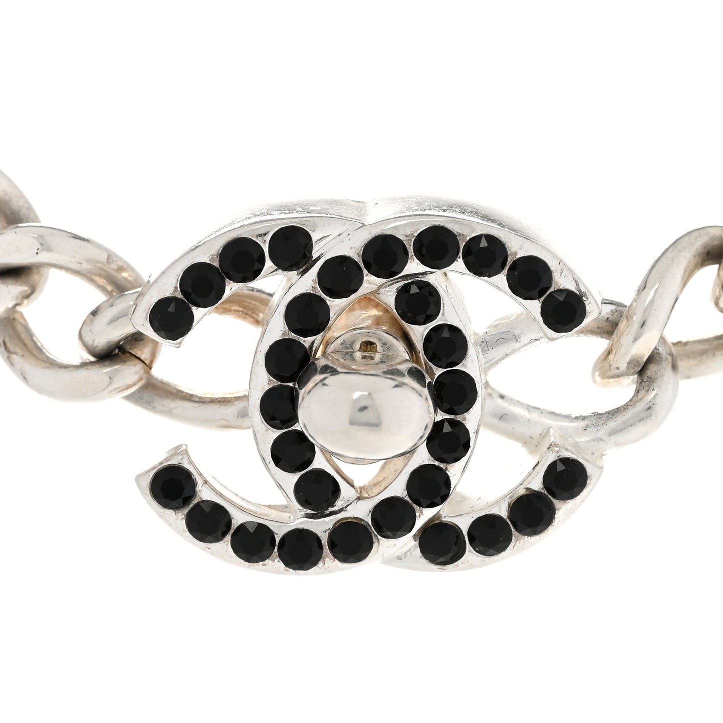 Crystal Chain Link CC Turn Lock Choker Necklace Silver Black