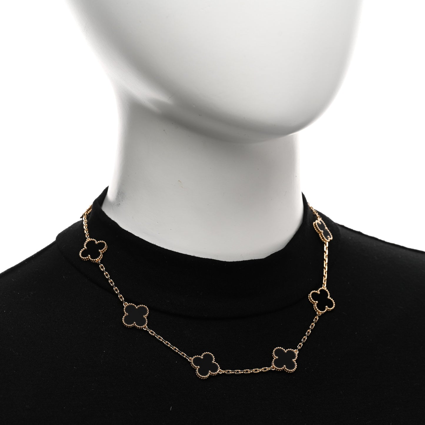 18K Yellow Gold Black Onyx 10 Motifs Vintage Alhambra Necklace