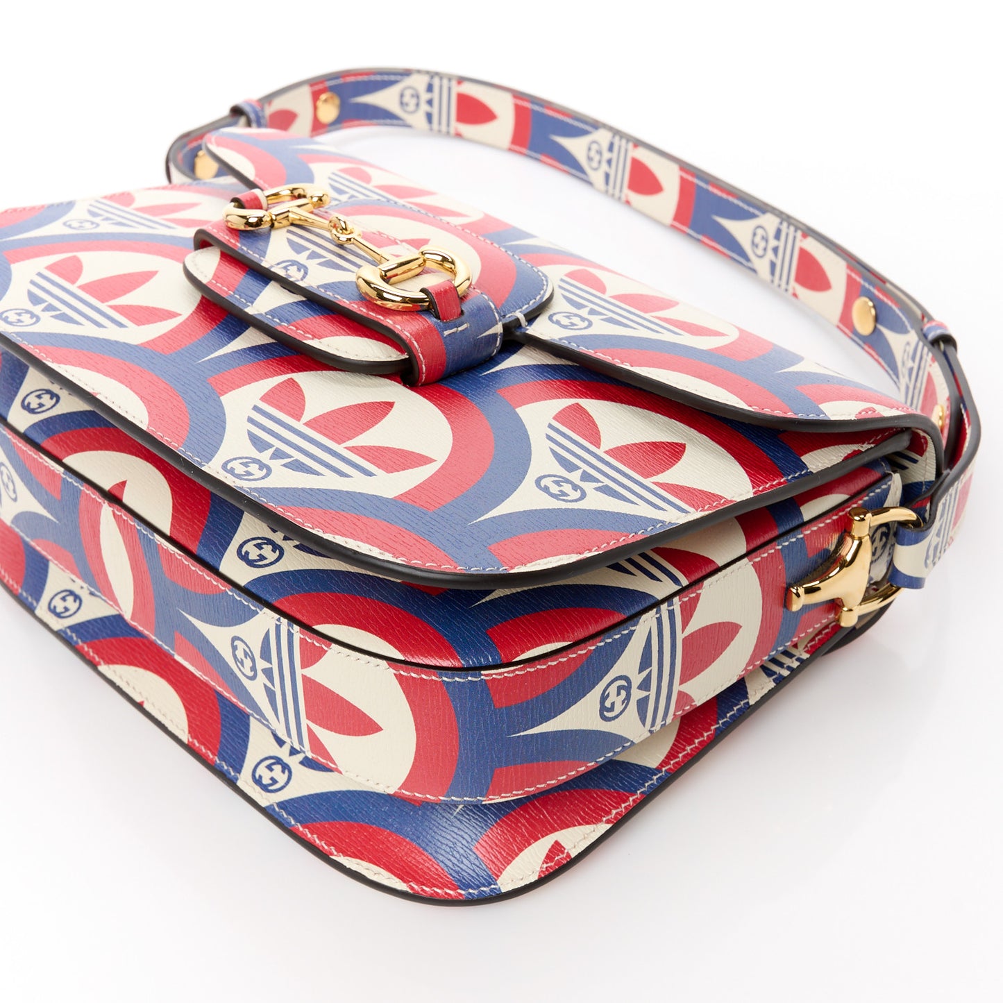 X ADIDAS Shangai Calfskin Web Trefoil Interlocking G Small Horsebit 1955 Shoulder Bag Red White Blue