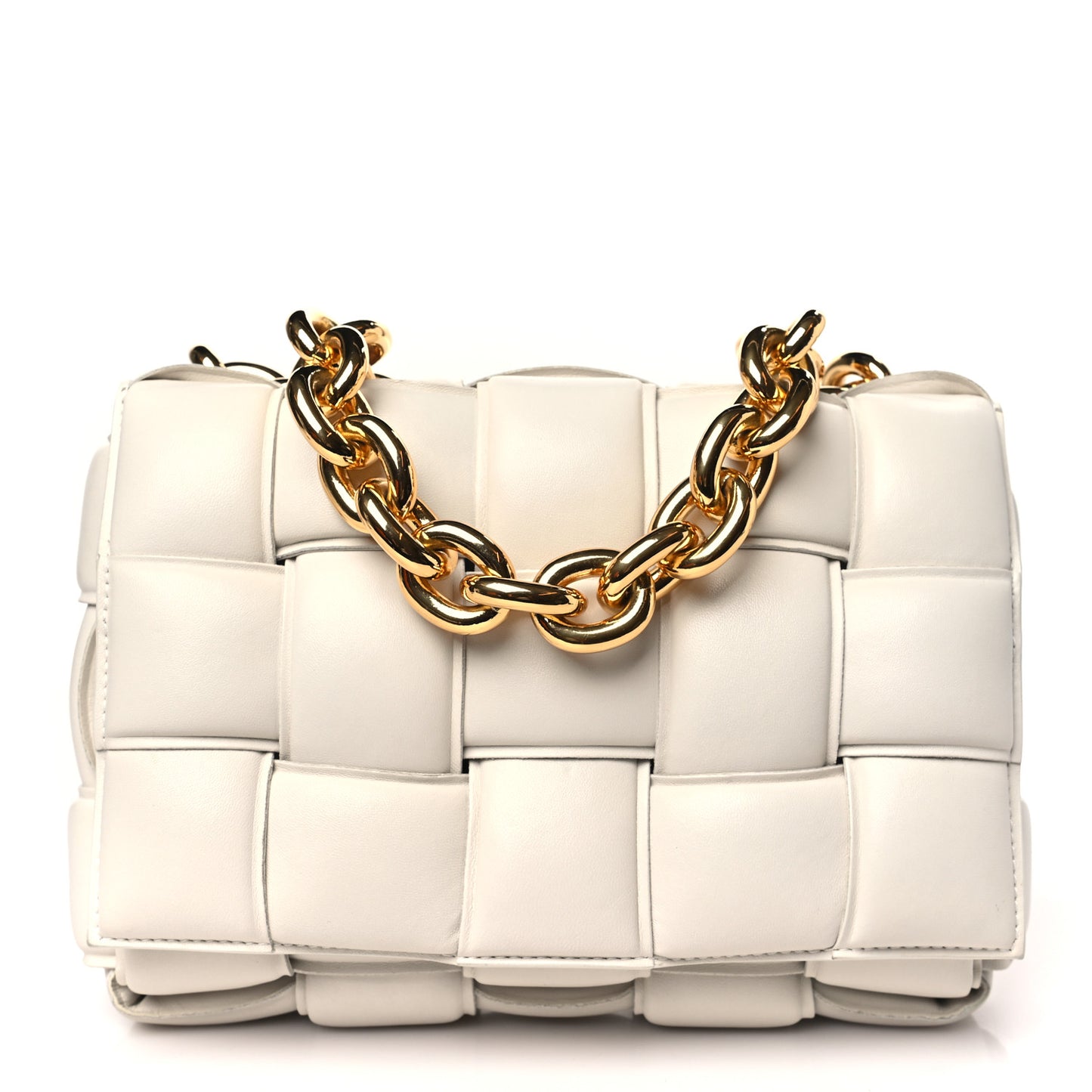 Lambskin Maxi Intreccio Padded Chain Cassette Crossbody Bag White
