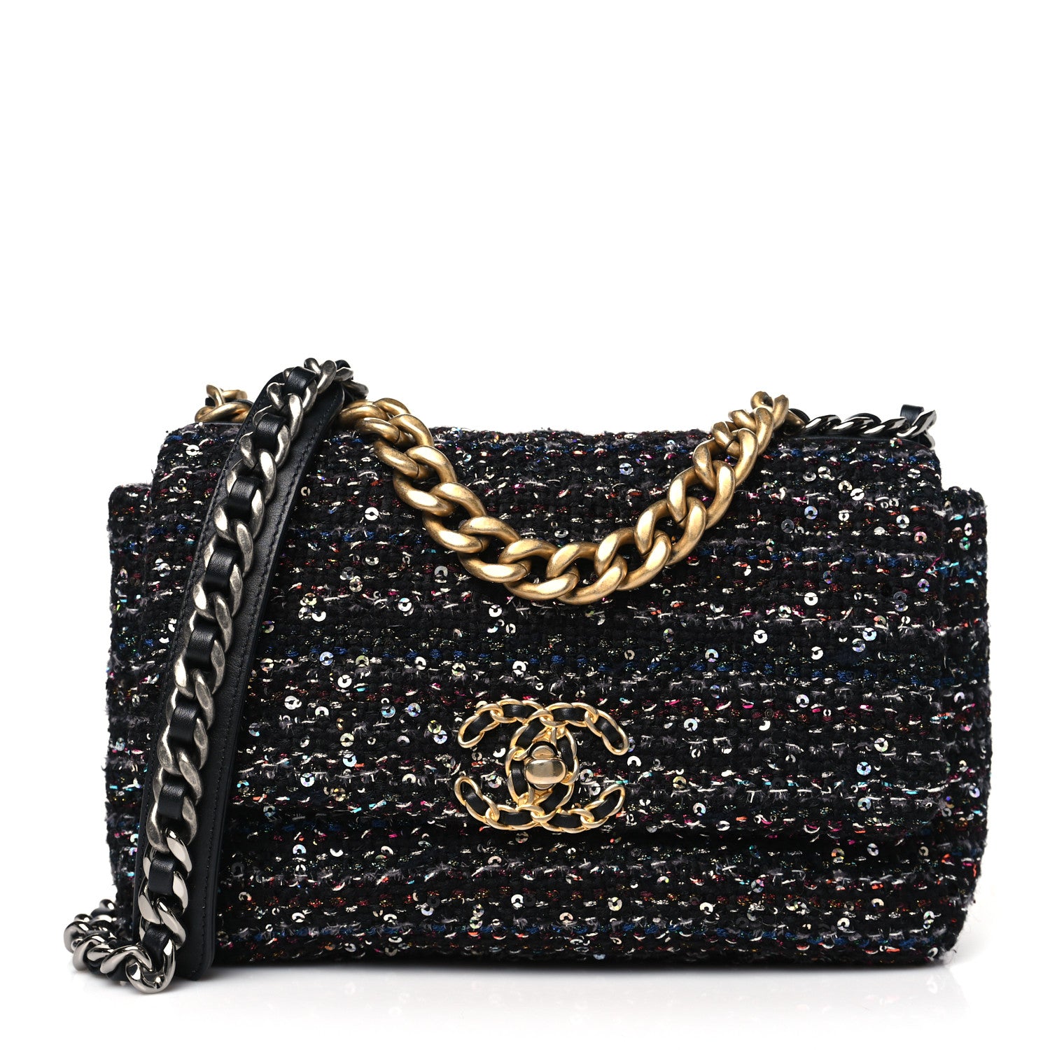 Chanel Tweed Sequin Quilted Medium Chanel 19 Flap Black Multicolor