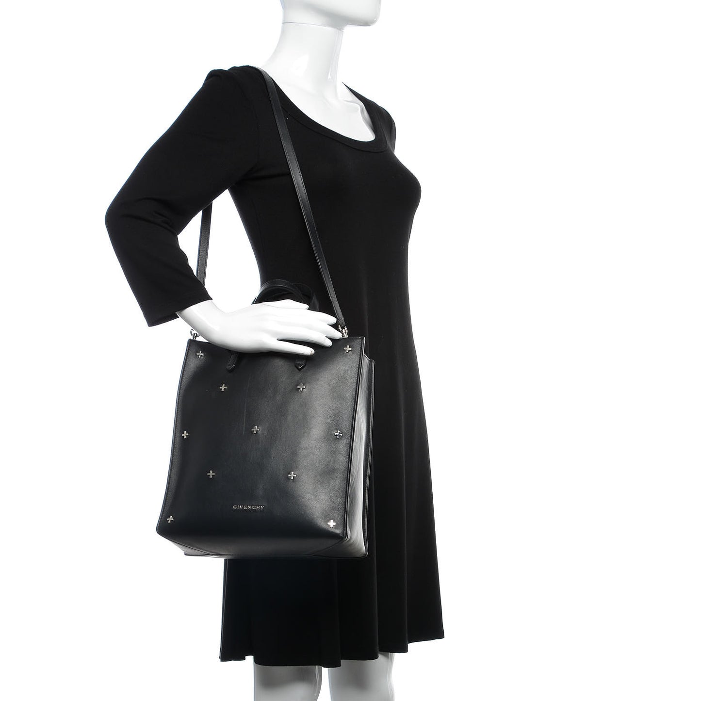 Calfskin Stud Embellished Small Stargate Shopper Tote Black