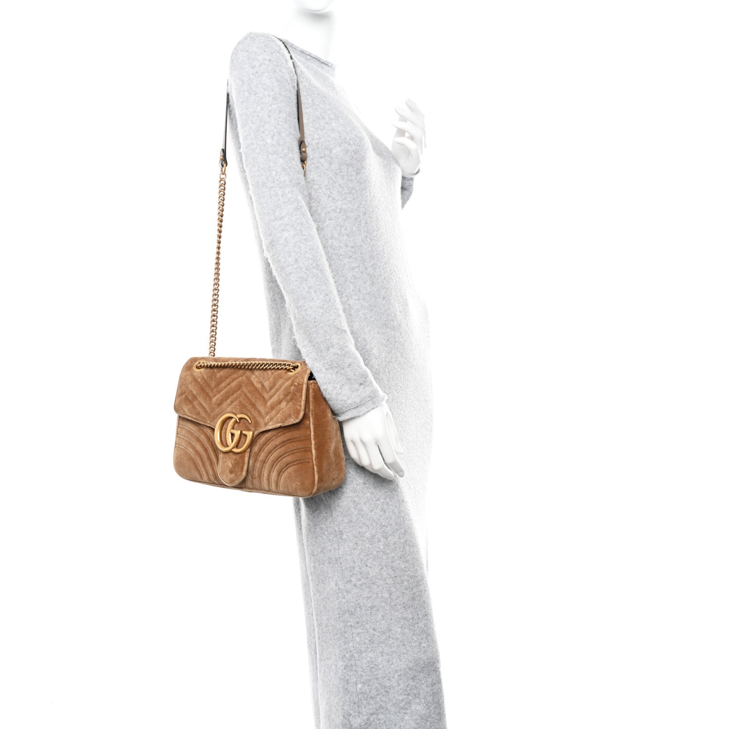 Gucci Velvet Matelasse Medium GG Marmont Shoulder Bag Taupe 2 of 12