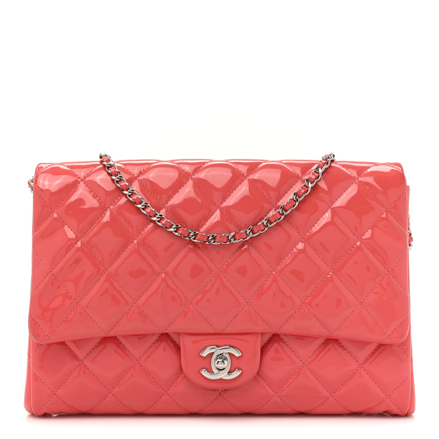 Patent Quilted Clutch with Chain Flap Fuchsia
