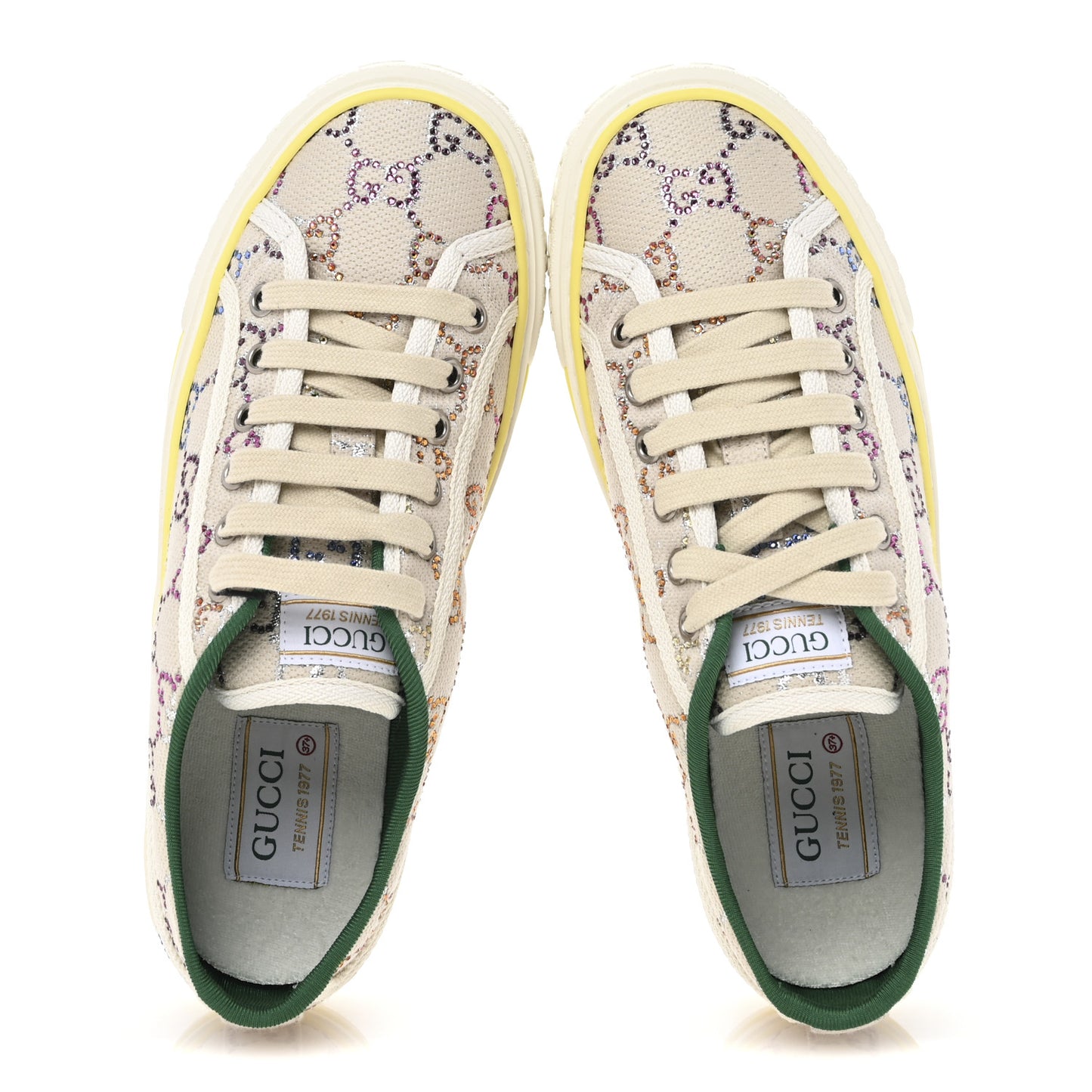 Canvas Lame Crystal GG Monogram Womens 1977 Tennis Sneakers 37.5 Gardenia Silver Mystic White