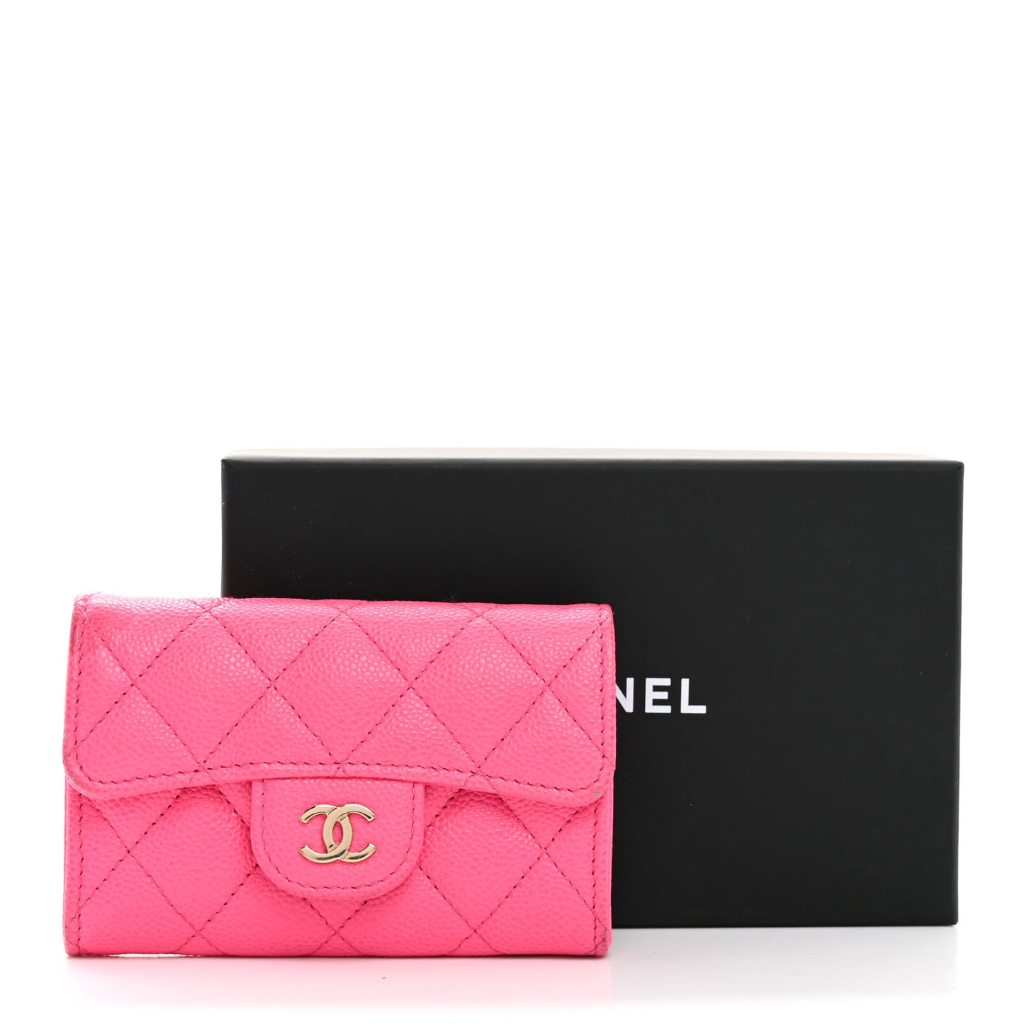 Caviar Quilted Flap Card Holder Wallet Fuchsia