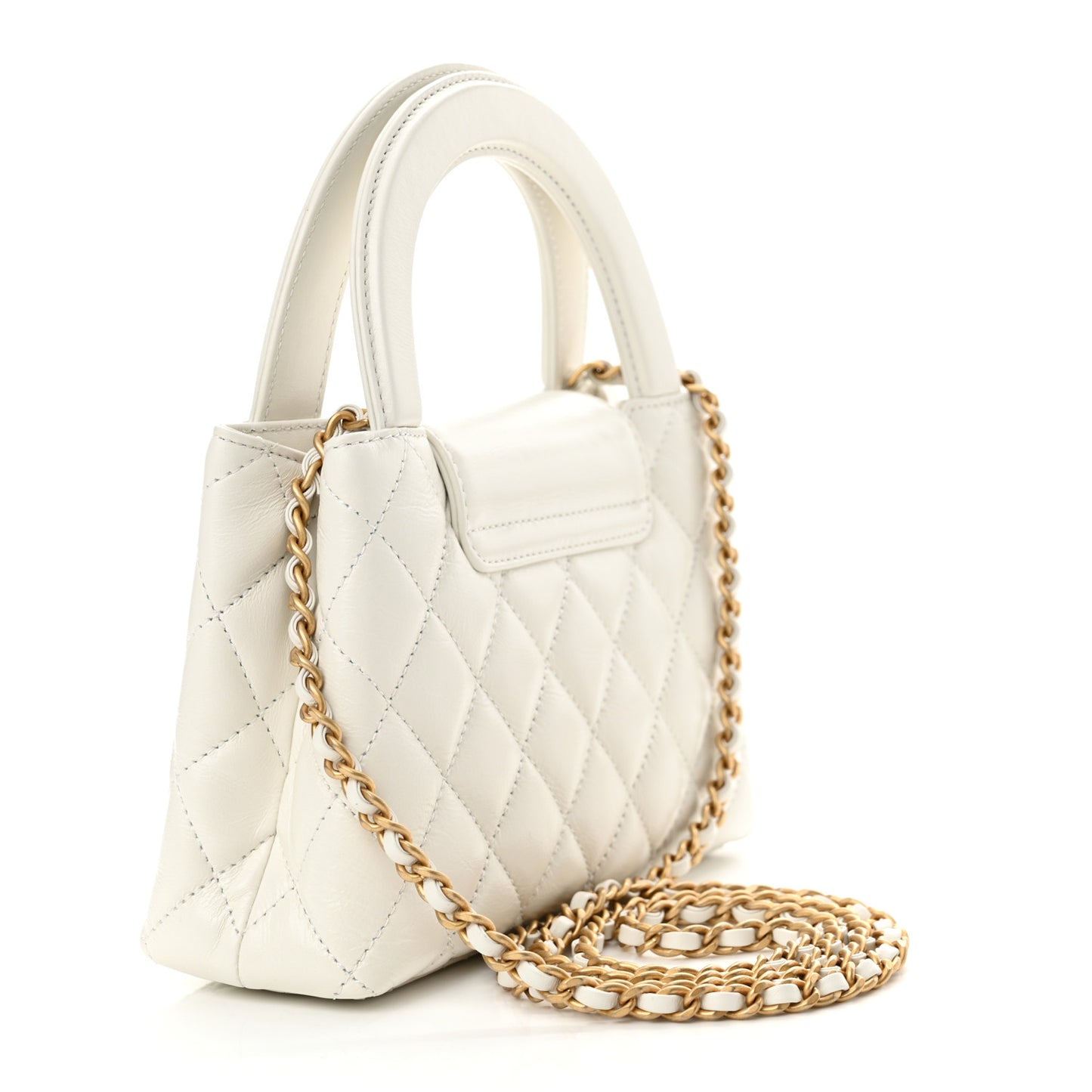Shiny Aged Calfskin Quilted Nano Kelly Shopper White