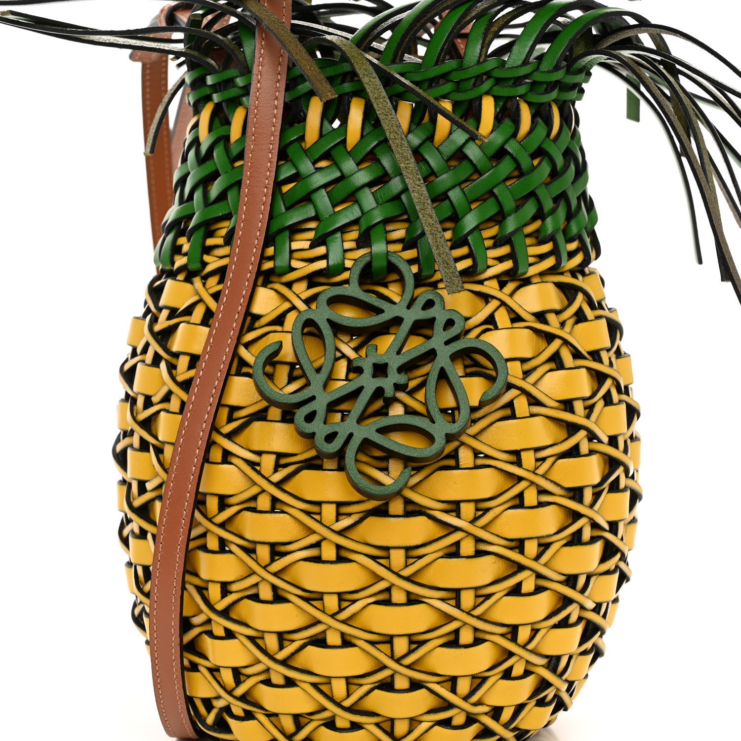 Loewe Calfskin Fringe Woven Pineapple Bucket Bag Yellow Green 6 of 8