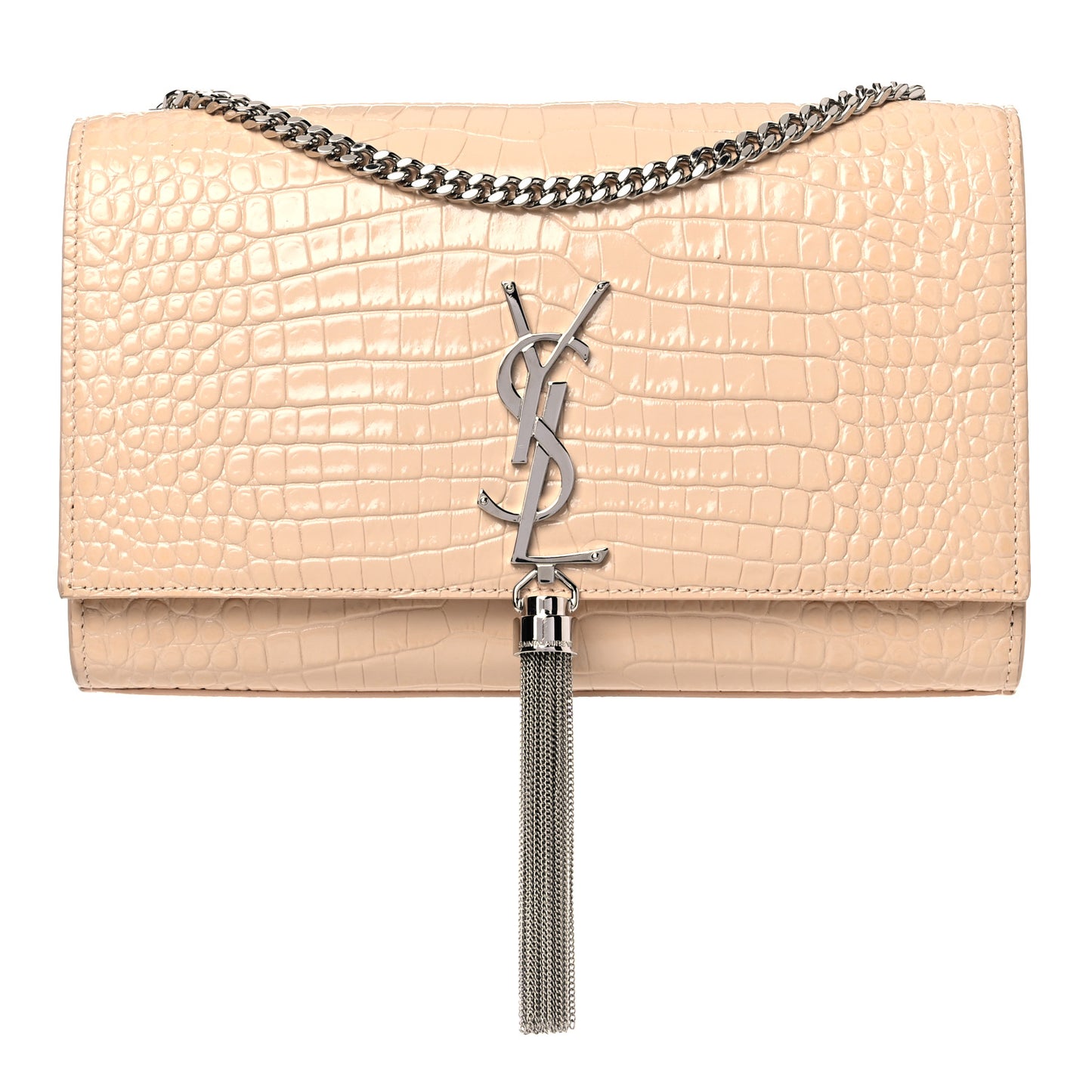 Calfskin Crocodile Embossed Medium Classic Monogram Kate Tassel Satchel Nude Powder
