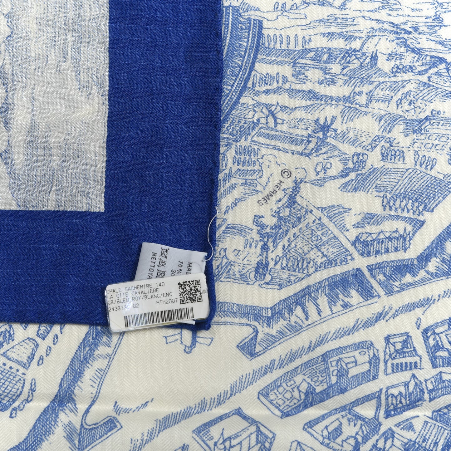 Cashmere Silk La Cite Cavaliere Shawl 140 Bleu Roy White Encre