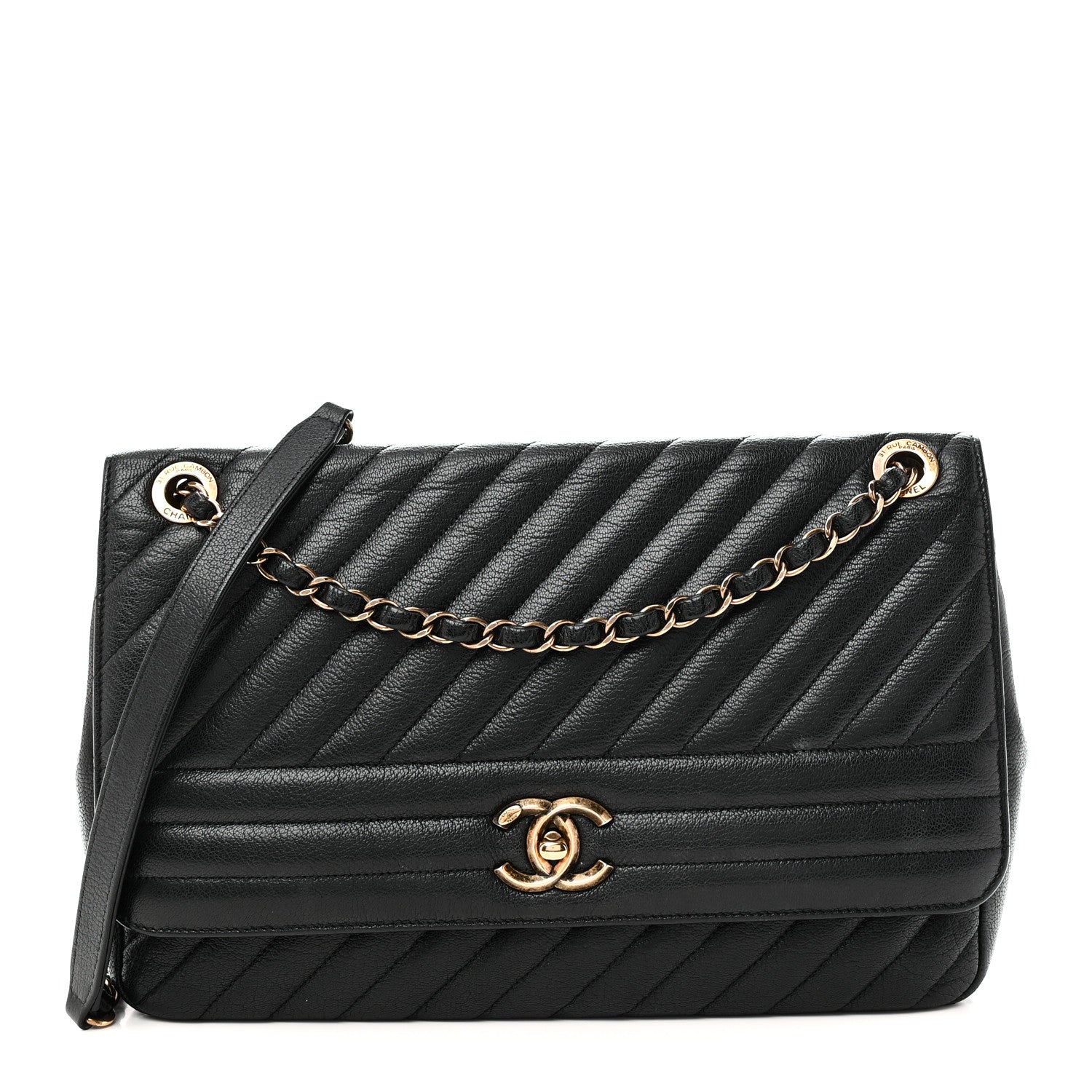 Chanel Shiny Goatskin Diagonal Quilted Large Flap Black 1911943