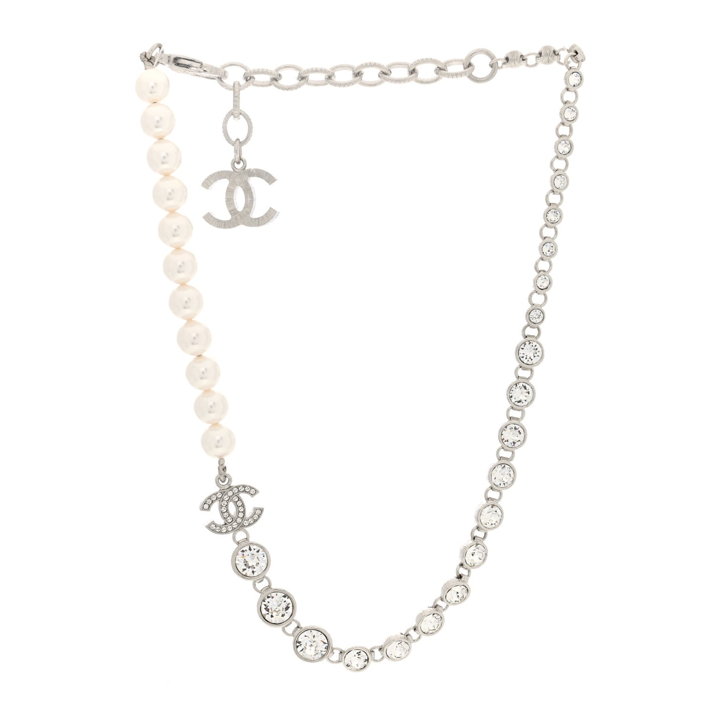 Pearl Crystal CC Choker Necklace Silver