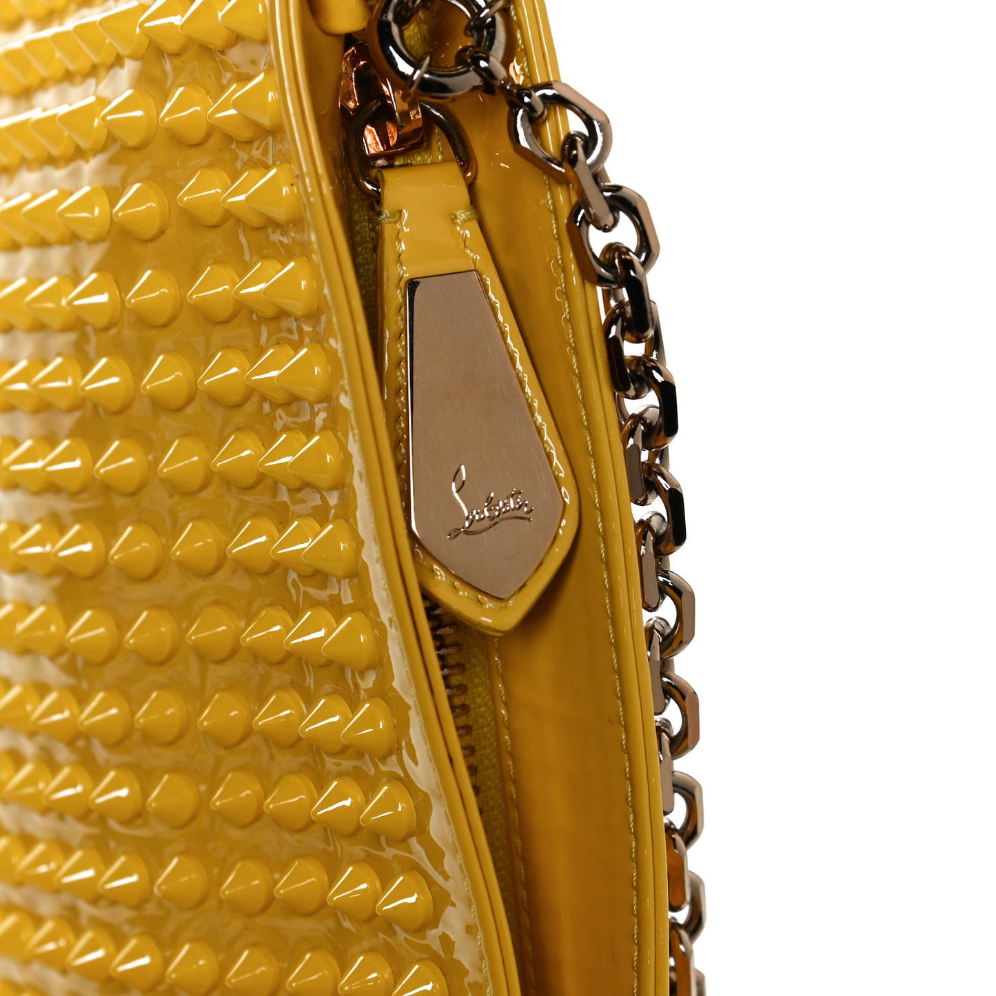 Patent Calfskin Studded Loubiposh Chain Clutch Yellow