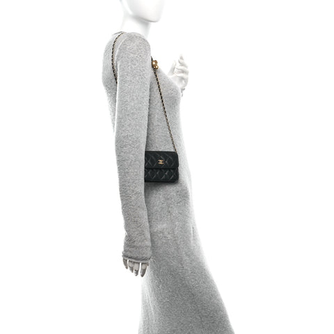 Lambskin Quilted Pearl Crush Flap With Chain Black
