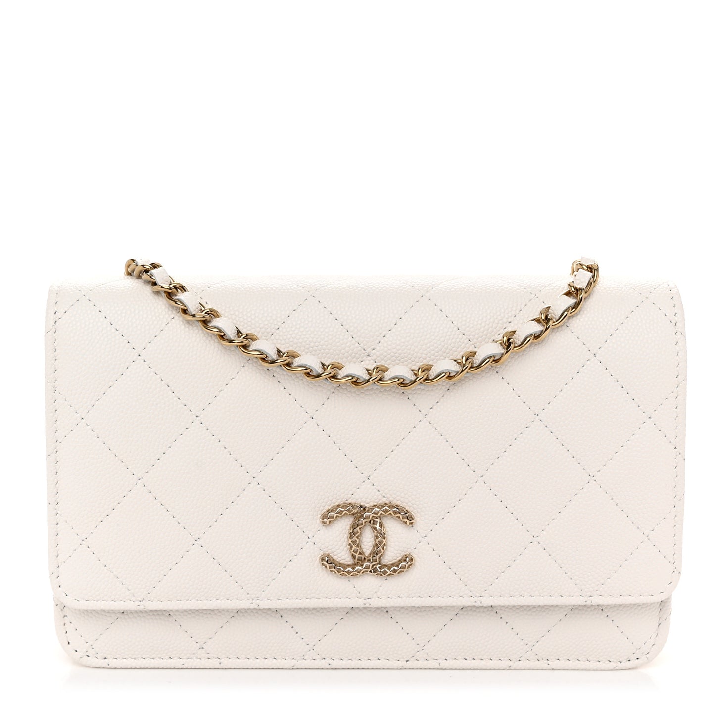 Caviar Quilted Perforated Metal CC Wallet On Chain WOC White