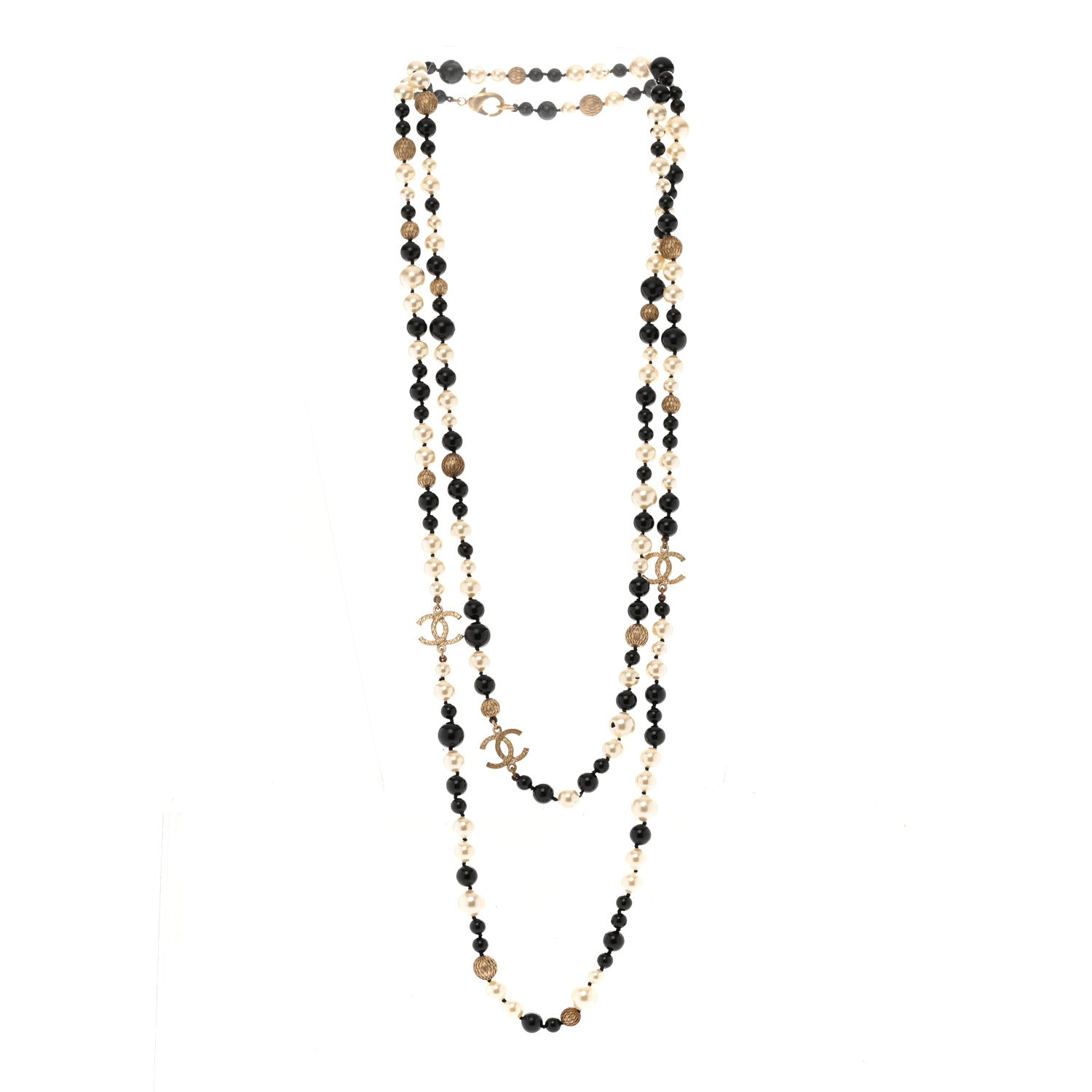 Chanel Metal Pearl Beaded Textured CC Long Necklace Gold Black White 3 of 6