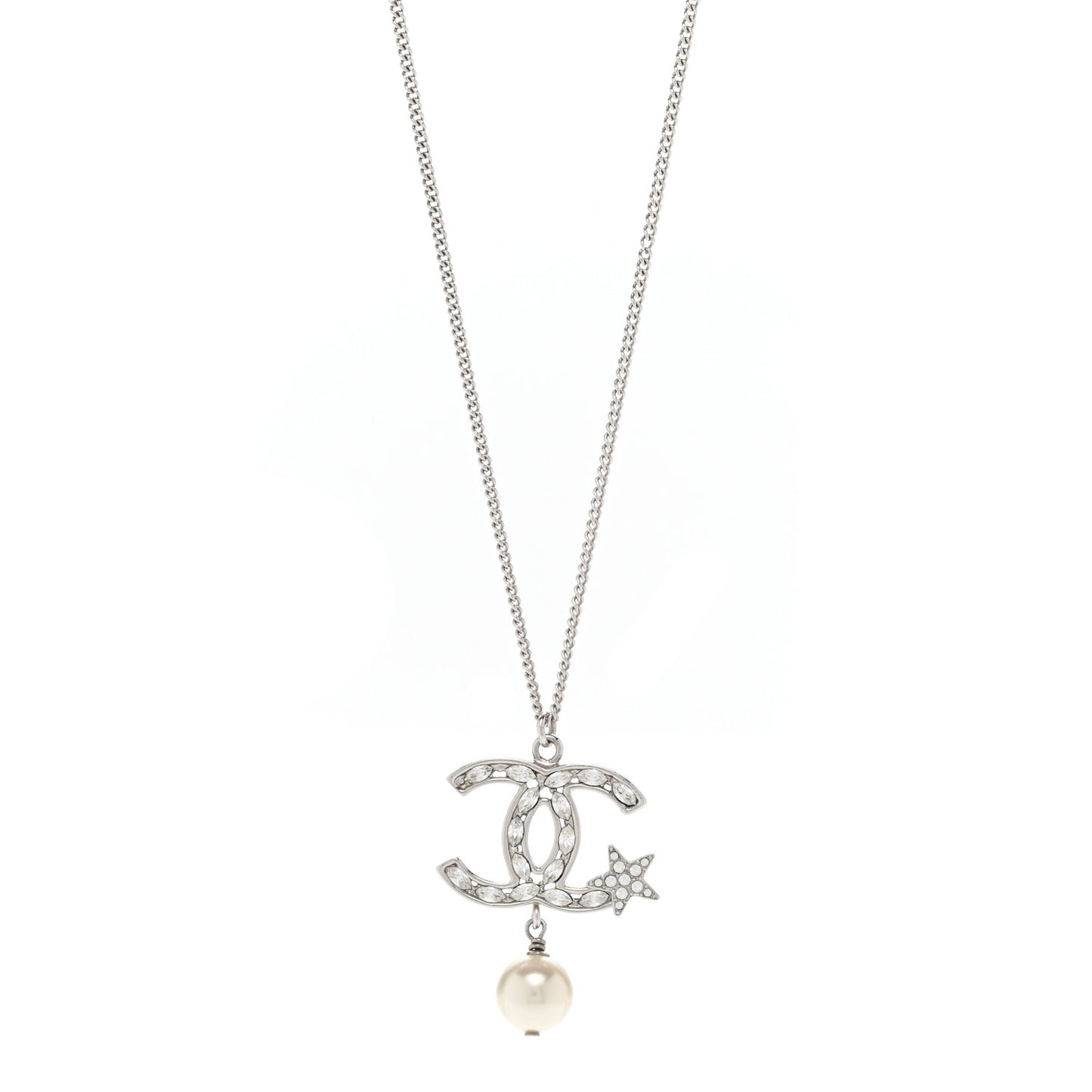 Crystal CC Star Pearl Drop Necklace Silver