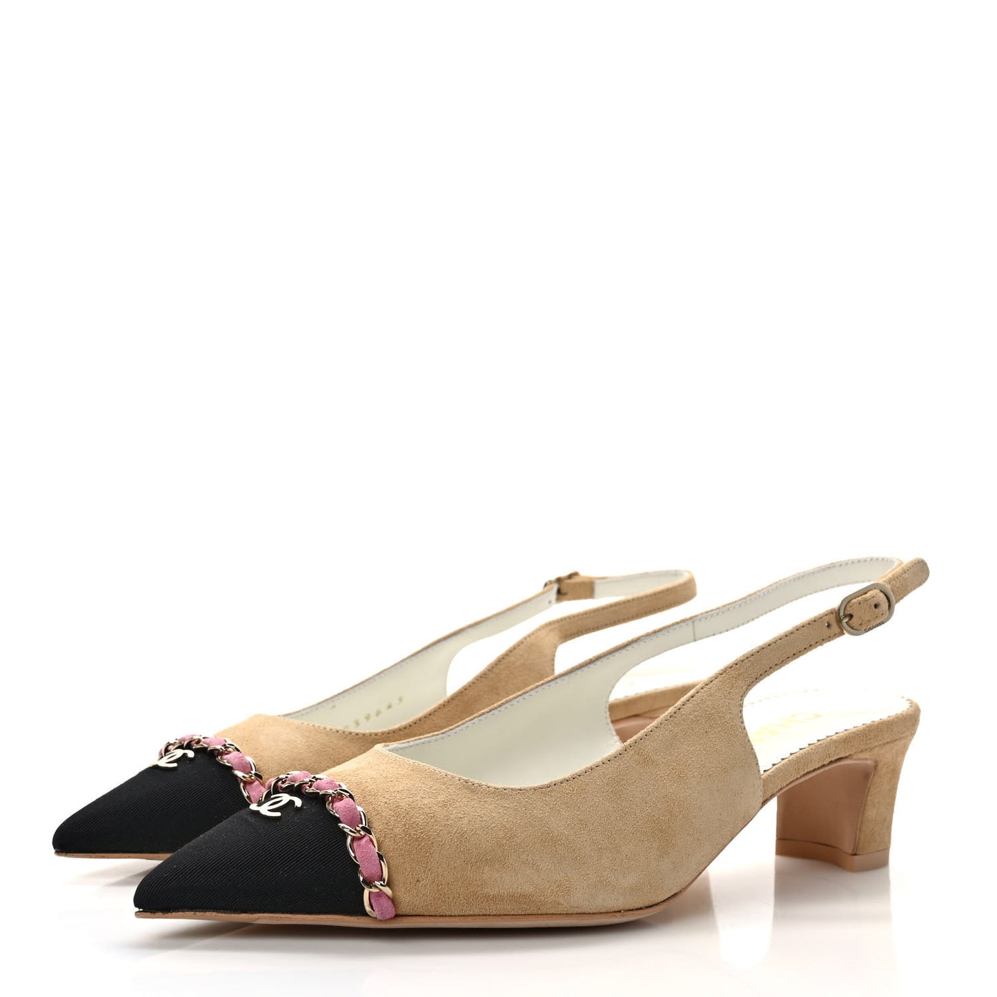 Suede Grosgrain Cap Toe CC Chain Slingback Pumps 37 Beige Black Pink