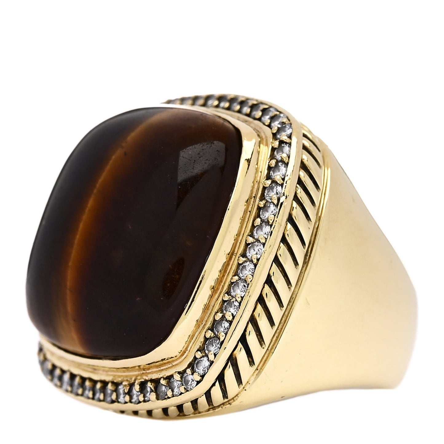 18K Yellow Gold Diamond Tigers Eye 20mm Albion Ring 53 6.5