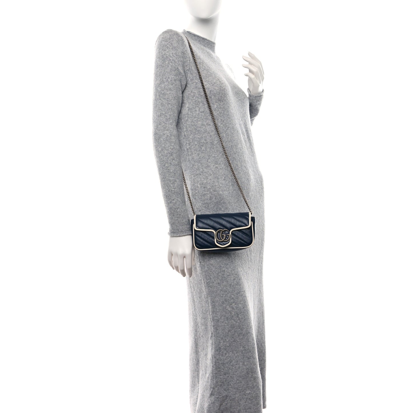 Vintage Effect Calfskin Matelasse Diagonal Super Mini Torchon GG Marmont Shoulder Bag Blue Agata Mystic White