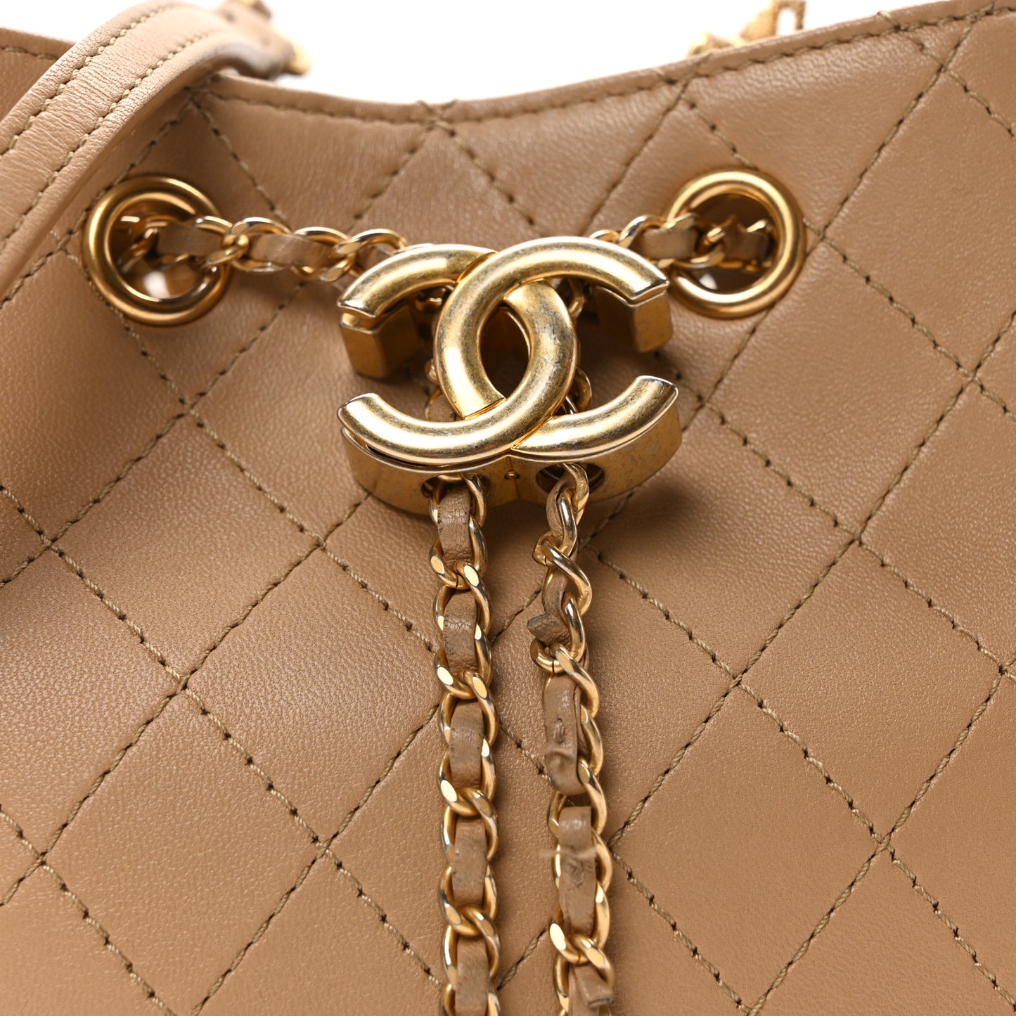 Calfskin Stitched Small Egyptian Amulet Drawstring Bag Beige