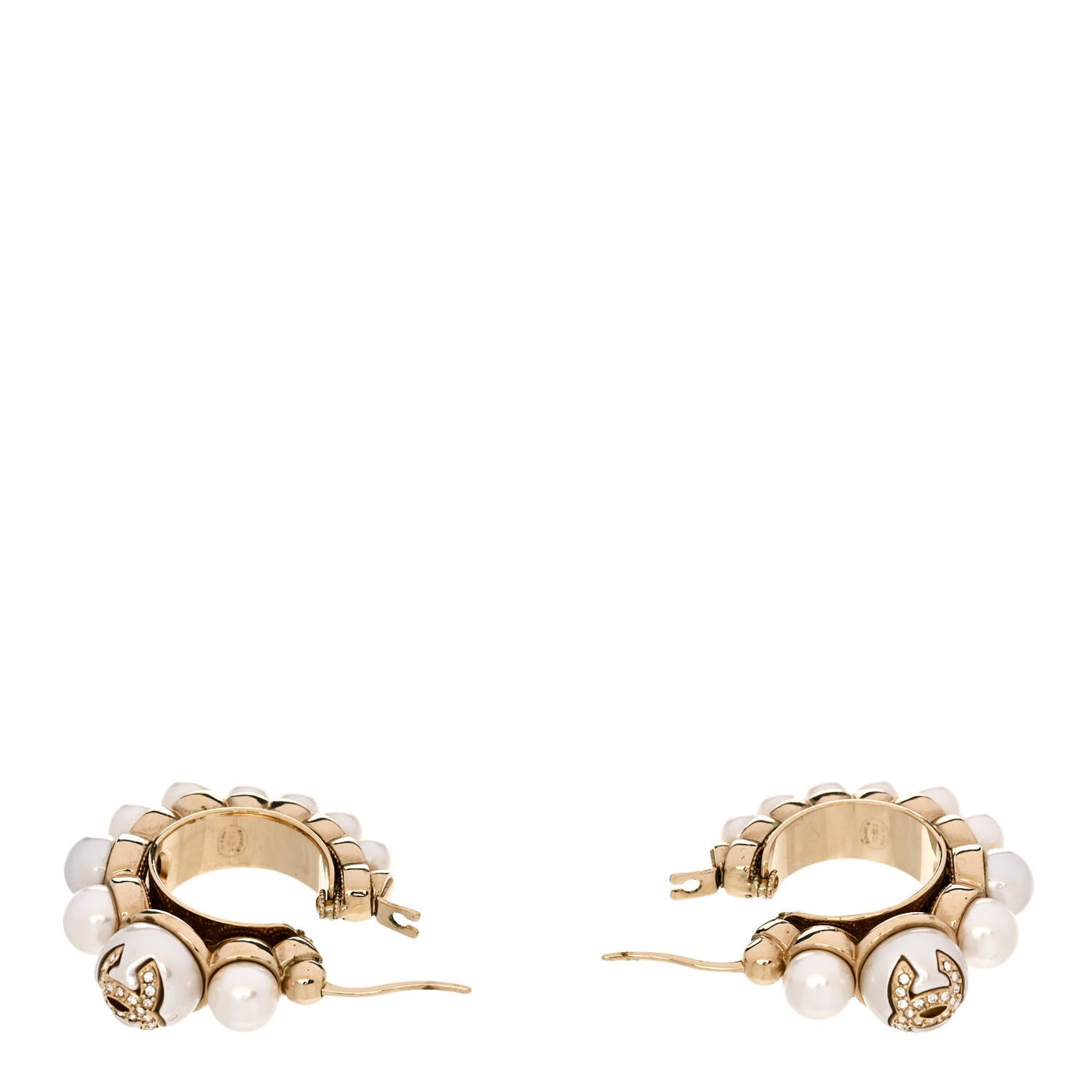 Crystal Pearl CC Hoop Earrings Gold White