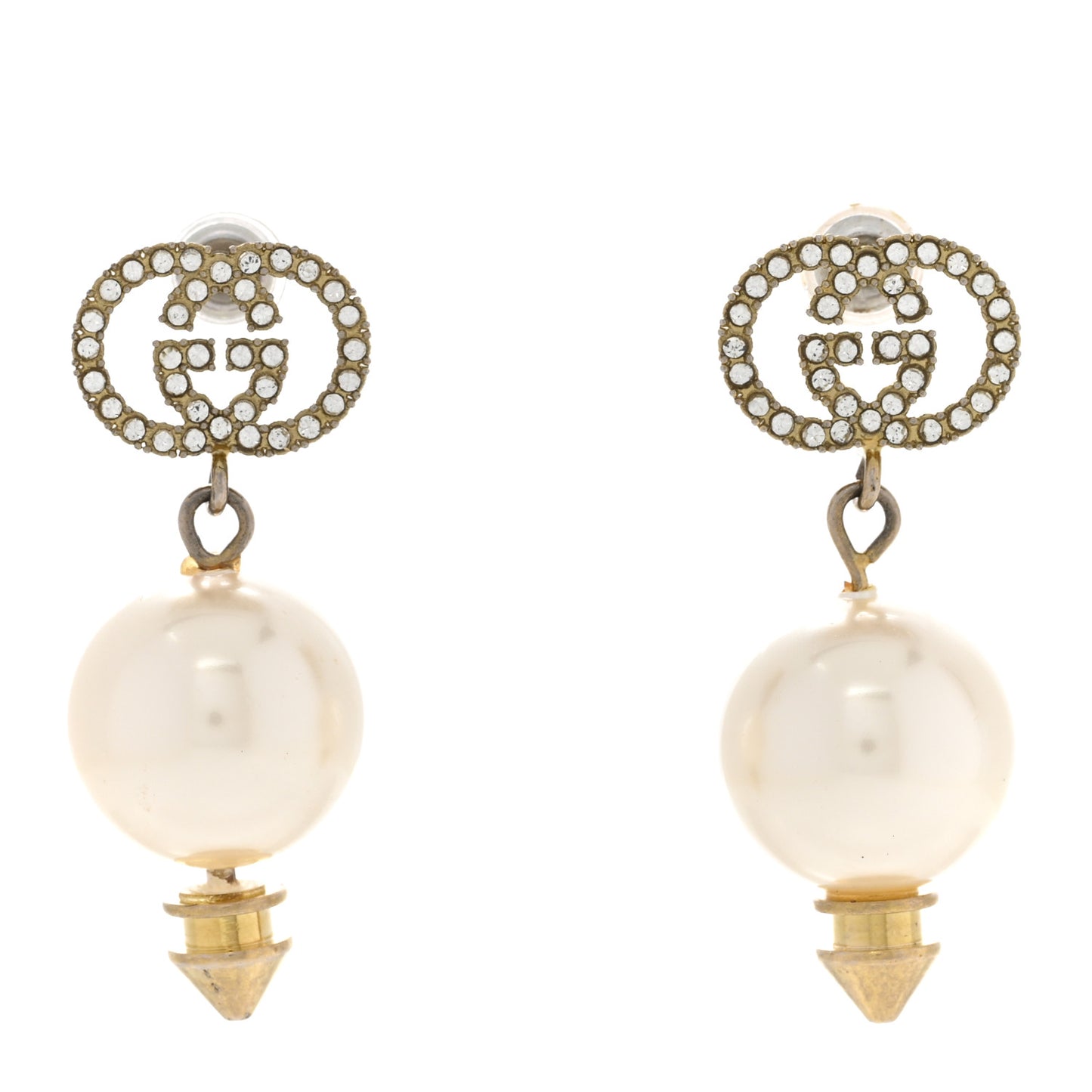 Metal Crystal Pearl Interlocking G Earrings Shiny Gold