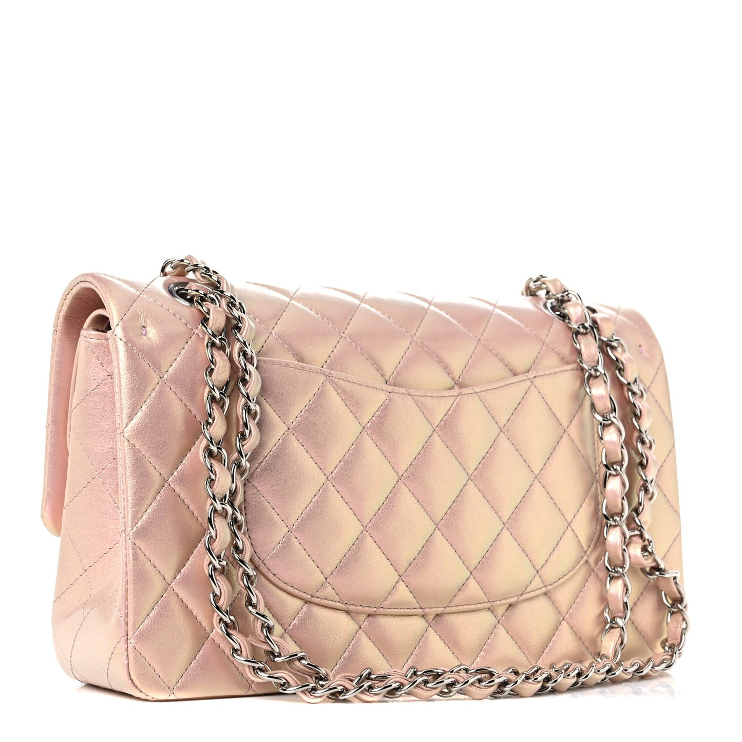 Iridescent Calfskin Quilted Medium Double Flap Pink