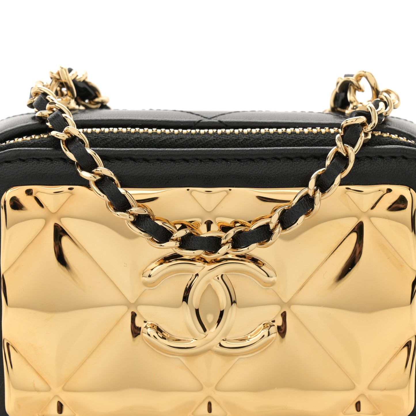 Lambskin Metal Quilted Extra Mini Vanity Case With Chain Black Gold