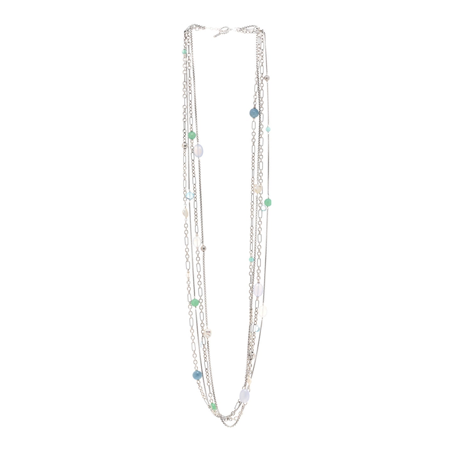 Sterling Silver Quartz Blue Topaz Freshwater Cultured Pearl Chalcedony Aquamarine Multi Strand Necklace