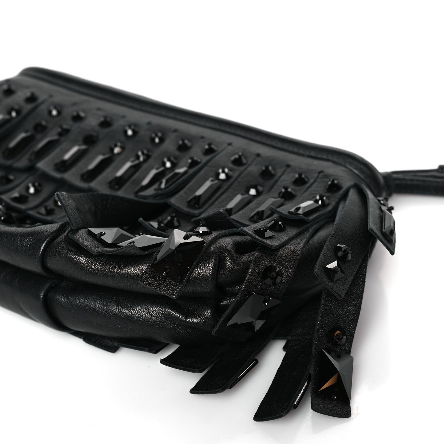 Nappa Jeweled Fringe Wristlet Clutch Black