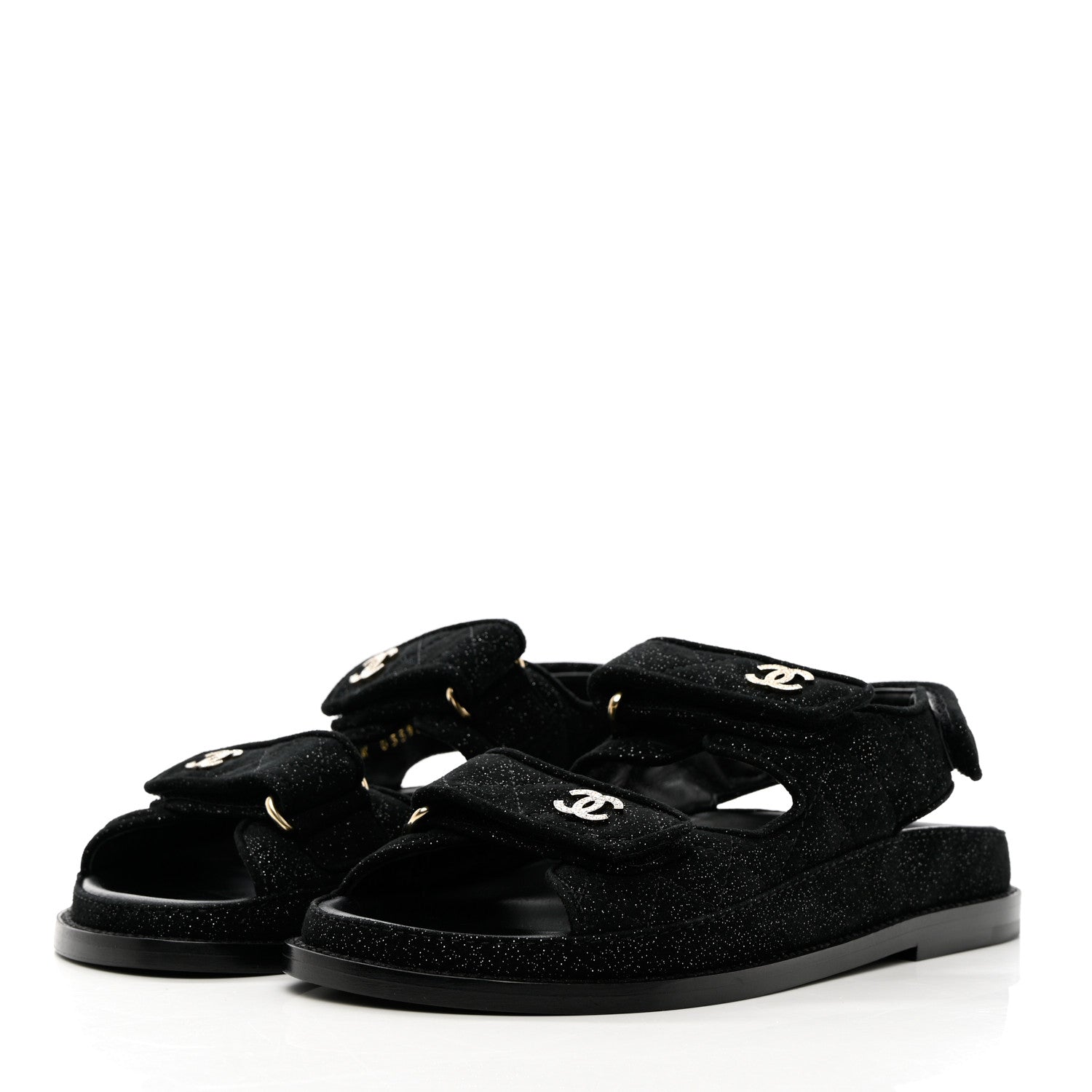 Chanel Suede Calfskin Glitter Crystal Velcro Dad Sandals 35 Black 3 of 10