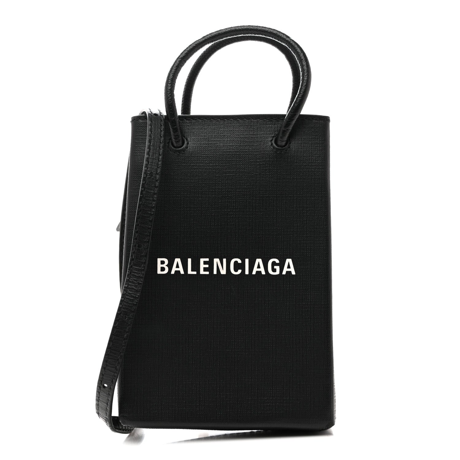BALENCIAGA 黒 レザー ケース Balenciaga Squared Calfskin Logo Shopping Phone Holder Bag Black