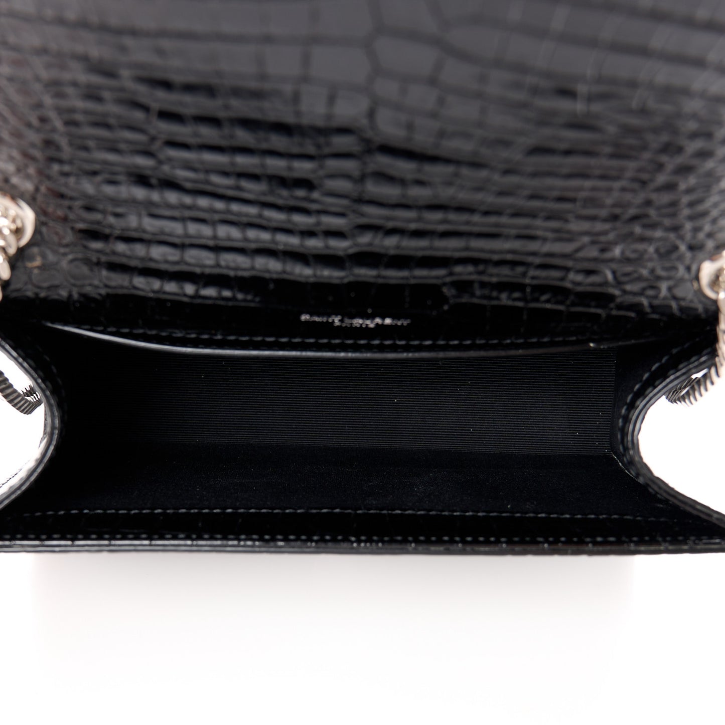 Calfskin Crocodile Embossed Small Classic Monogram Kate Tassel Satchel Black