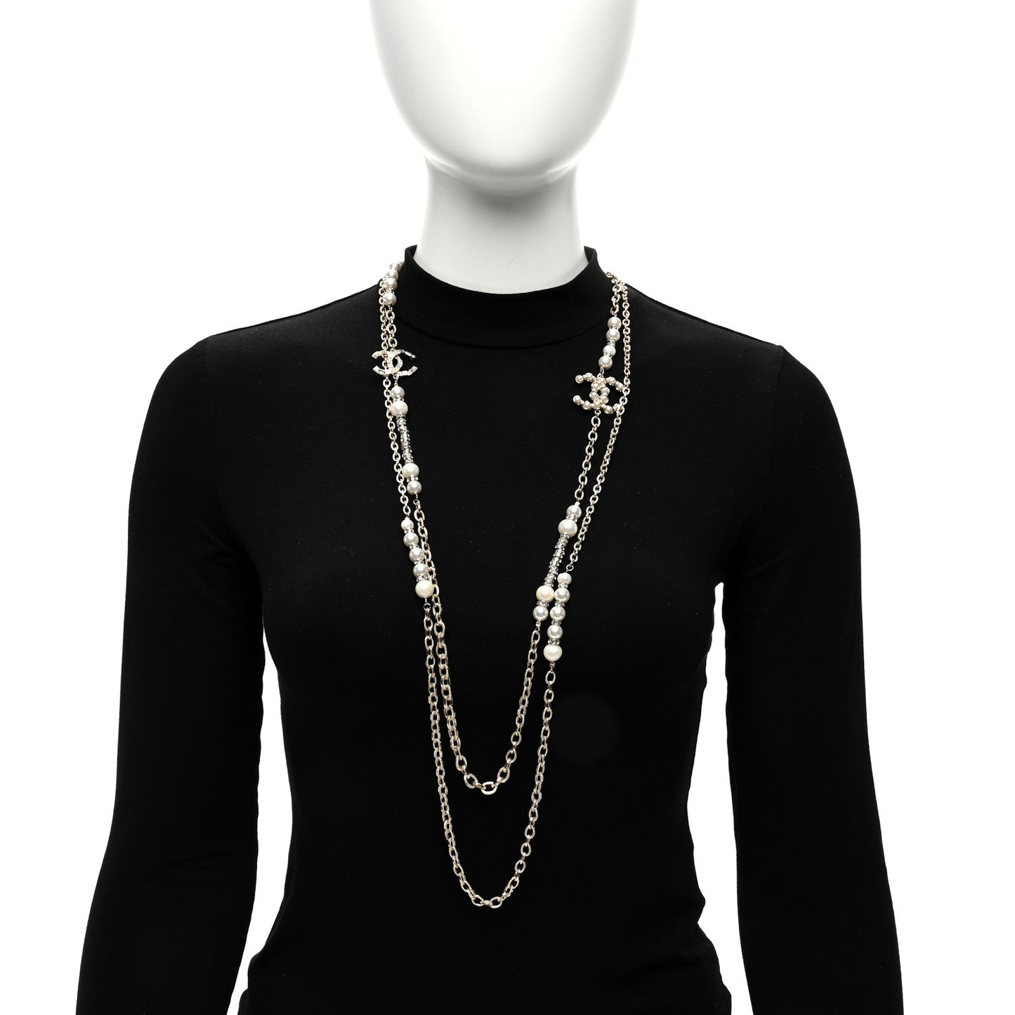 Pearl Crystal CC Long Necklace Gold
