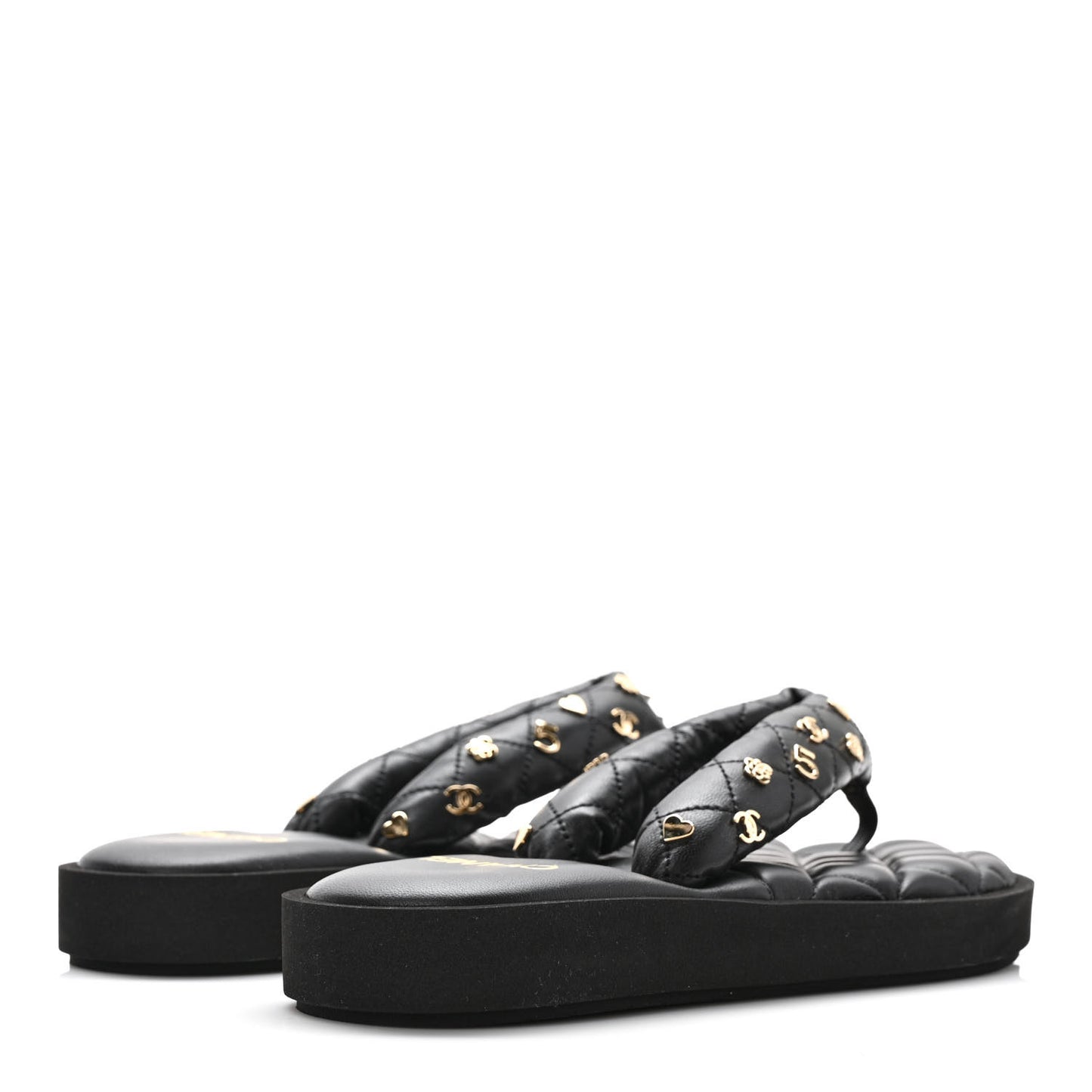 Lambskin Quilted Padded Charms Thong Sandals 37 Black