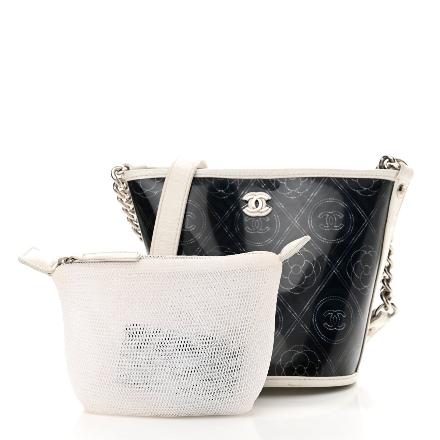 Crumpled Calfskin PVC Camellia Coco Bucket Bag Black White