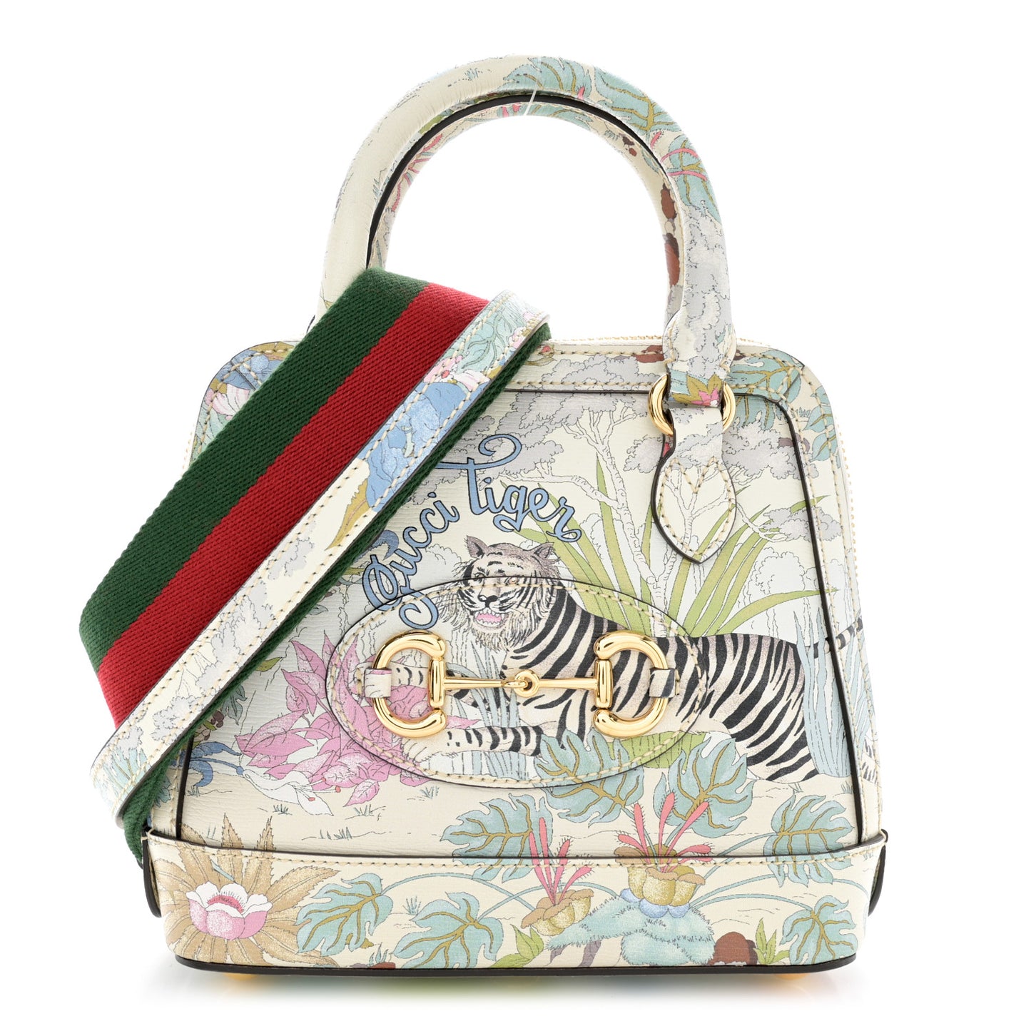 New Shangai Calfskin Tiger Savanah Web Small Horsebit 1955 Top Handle Bag Chalky White Multicolor