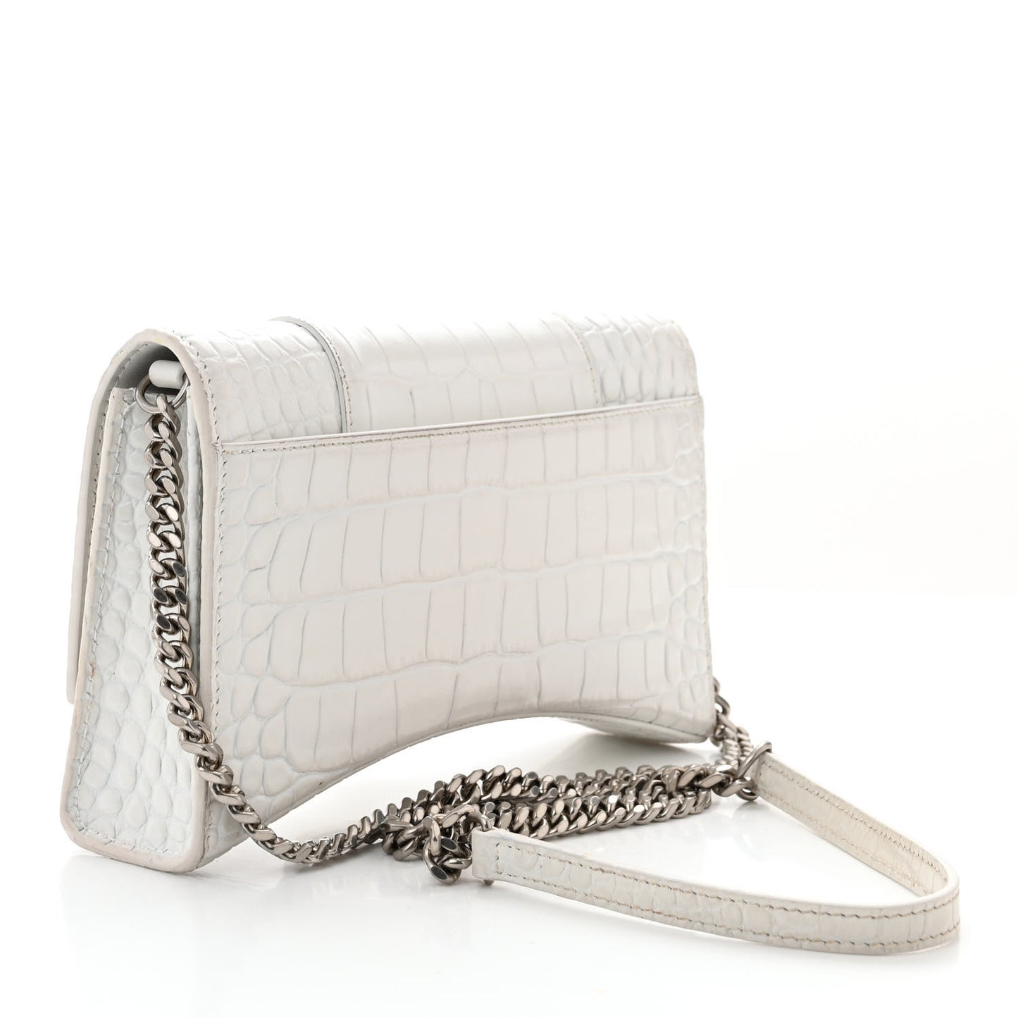 Shiny Calfskin Crocodile Embossed Small Hourglass Evening Chain Bag White