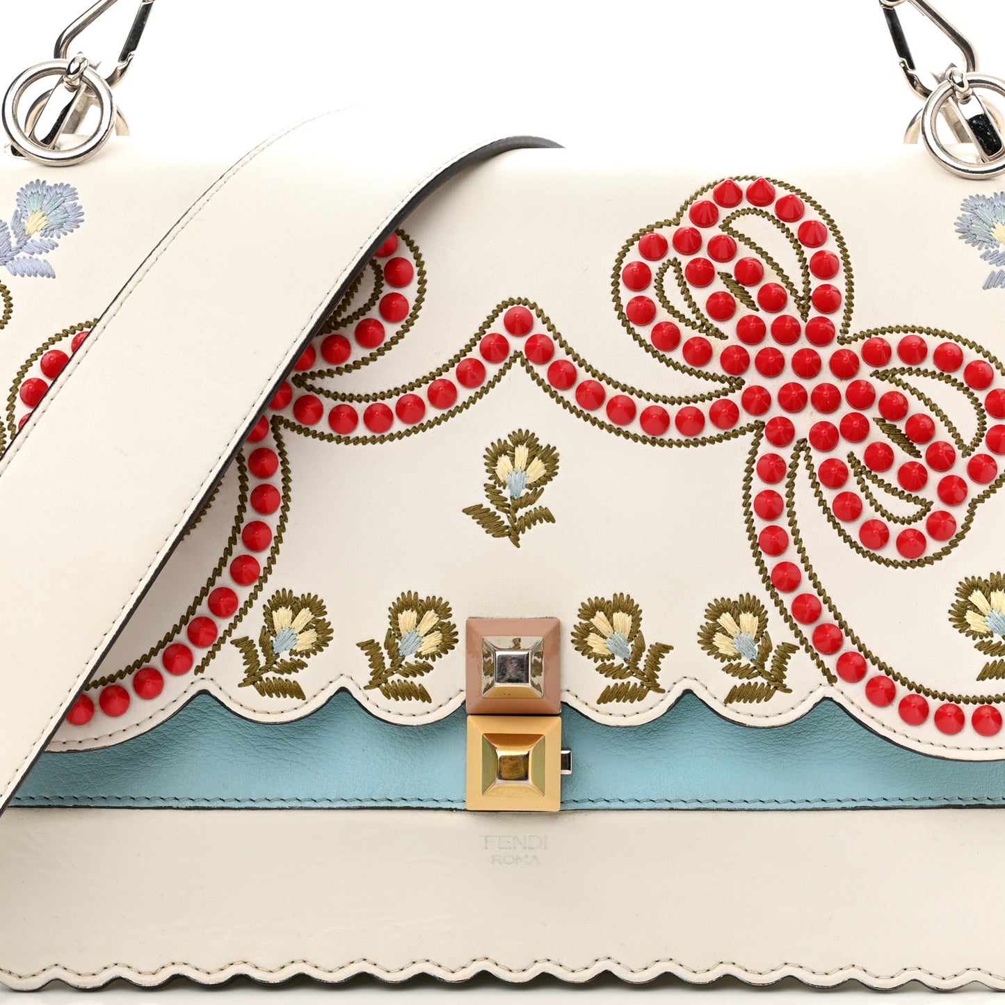 Vitello Liberty Scalloped Studded Flowers and Bows Kan I Shoulder Bag White Multicolor