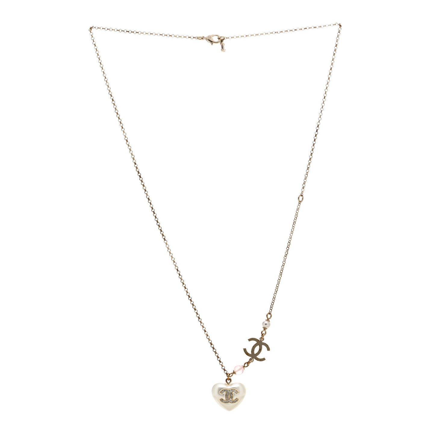 Resin Crystal CC Heart Necklace Pearly White Gold