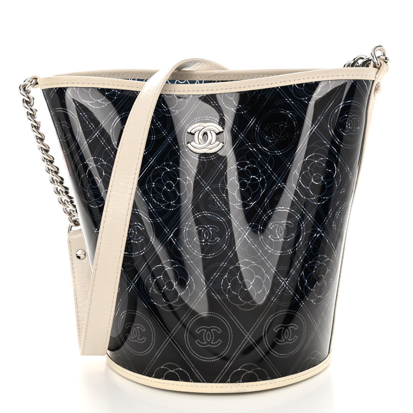 Crumpled Calfskin PVC Camellia Coco Bucket Bag Black White