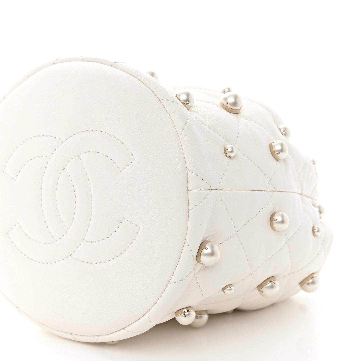 Lambskin Quilted Pearl About Pearls Drawstring Bag White